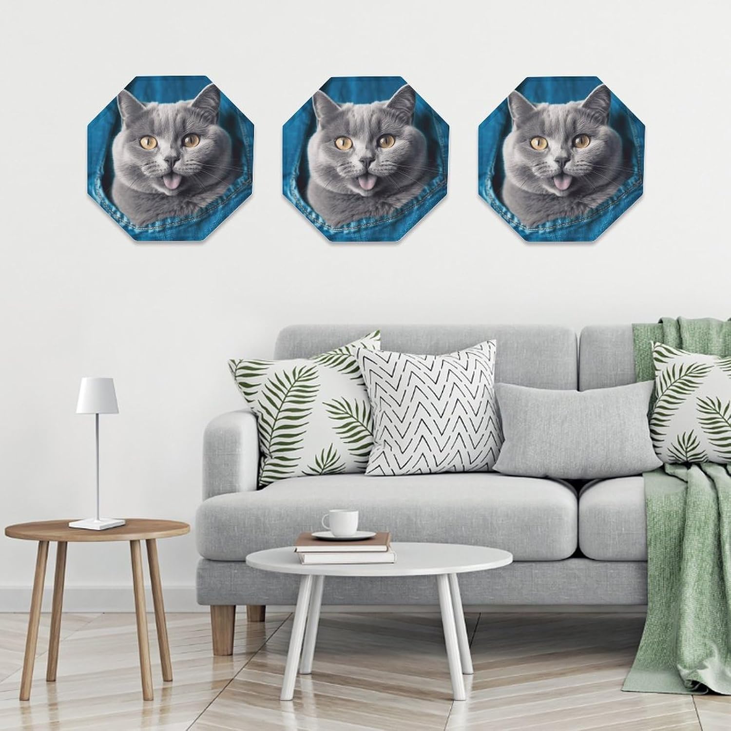 Ctagon Metal Sign for Home, Modern Display Plate for Kitchen, Blue Cat Plates Accent Hanging Wall Decorations 3PCS for Living Room, Bedroom, Hallway, Hotel