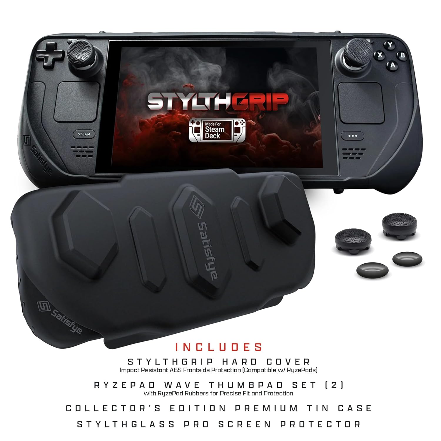 Satisfye - StylthGrip Bundle, Compatible With The Steam Deck & OLED. Bundle Includes: StylthGrip, Hard Shell Cover, RYZE Thumbpads and Rubbers (2+2) & StylthGlass Pro Screen Protector