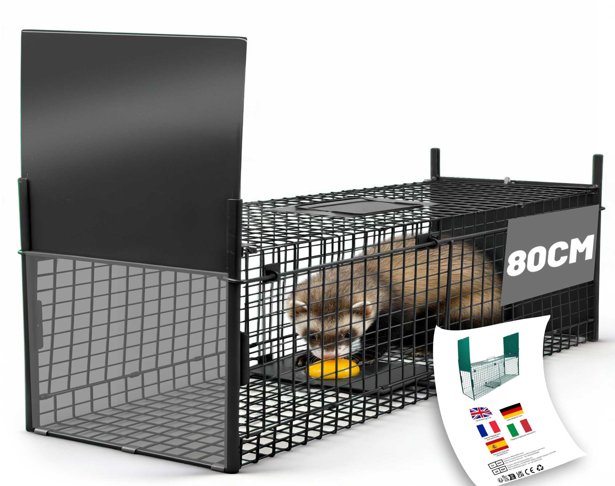 Piège Fouine Cage Trappe Chat 80x29x34cm Grande Nasse Rat Piège Animaux Vivant Cage avec 2 entrées Réutilisable & Pliable Piege pour Martre Fouine Chat Rat Lapin Écureuils - Noir