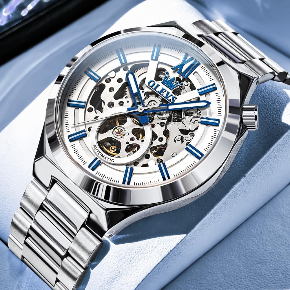 OLEVS Mens Skeleton Watches Automatic Self Winding Mechanical Designer Luxury Dress Stainless Steel Waterproof Original Wrist Watches for Men - Image 2