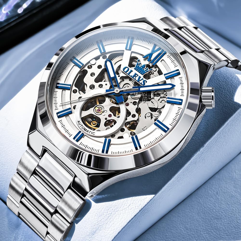 OLEVS Herren-Skelett-Uhren, automatisch, selbstaufziehend, mechanisch, Designer-Luxuskleid, Edelstahl, wasserdicht, Original-Armbanduhr für Herren