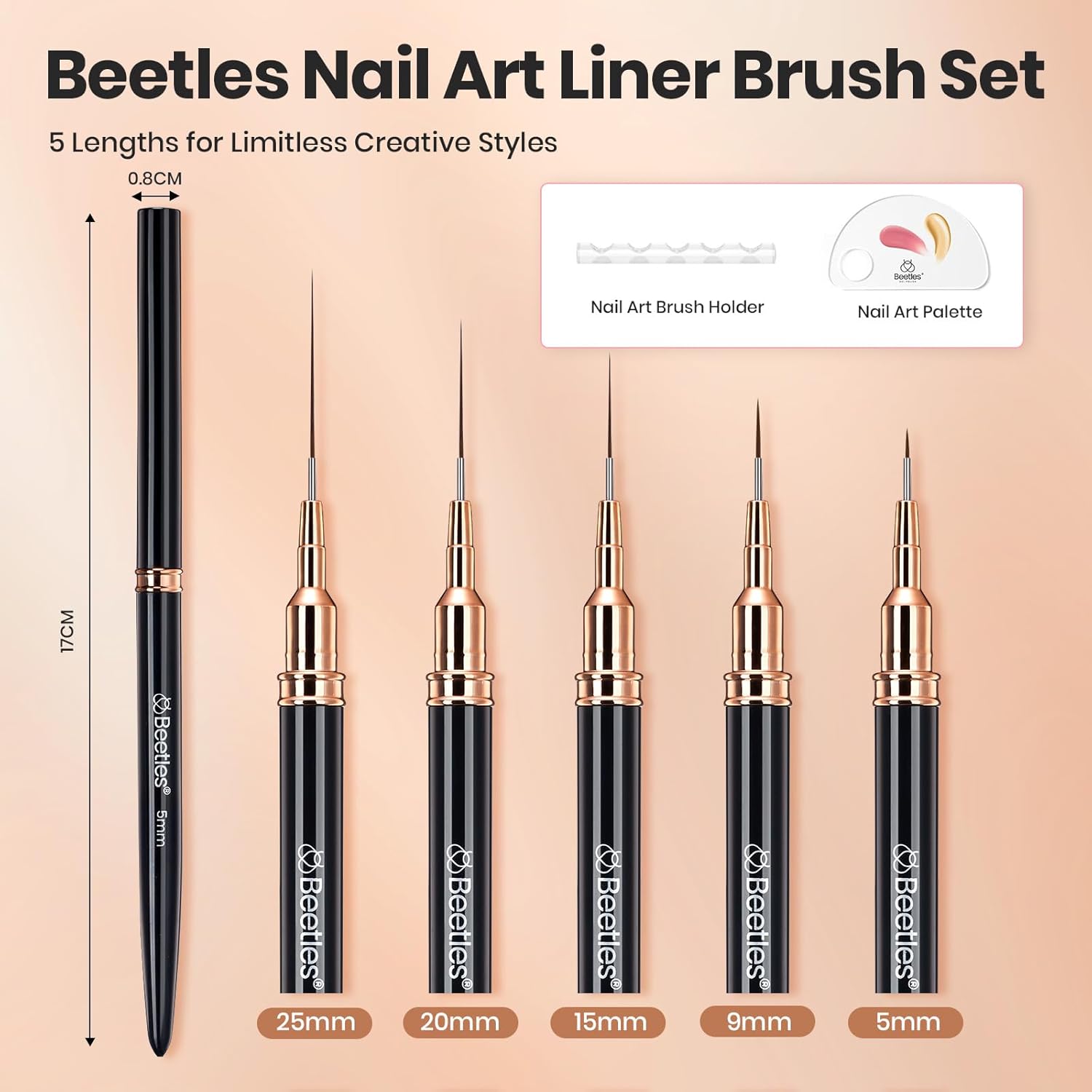 Beetles Liner Brushes for Nails 5PCS, 5/9/15/20/25mm with Palette Holder & Gel Nail Polish Kit 55 Colors, 80PCS Starter Set with Base & Top