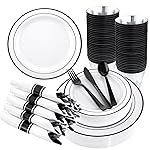 WELLIFE 350Pcs Black Plastic Dinnerware with Pre Rolled Napkins, Include:50 Dinner Plates, 50 Dessert Plates, 50 Paper Napkins, 50 Cups, 150 Plastic Cutlery
