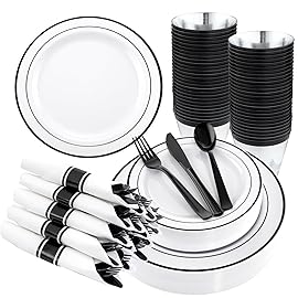 WELLIFE 350Pcs Black Plastic Dinnerware with Pre Rolled Napkins, Include:50 Dinner Plates, 50 Dessert Plates, 50 Paper Napkins, 50 Cups, 150 Plastic Cutlery