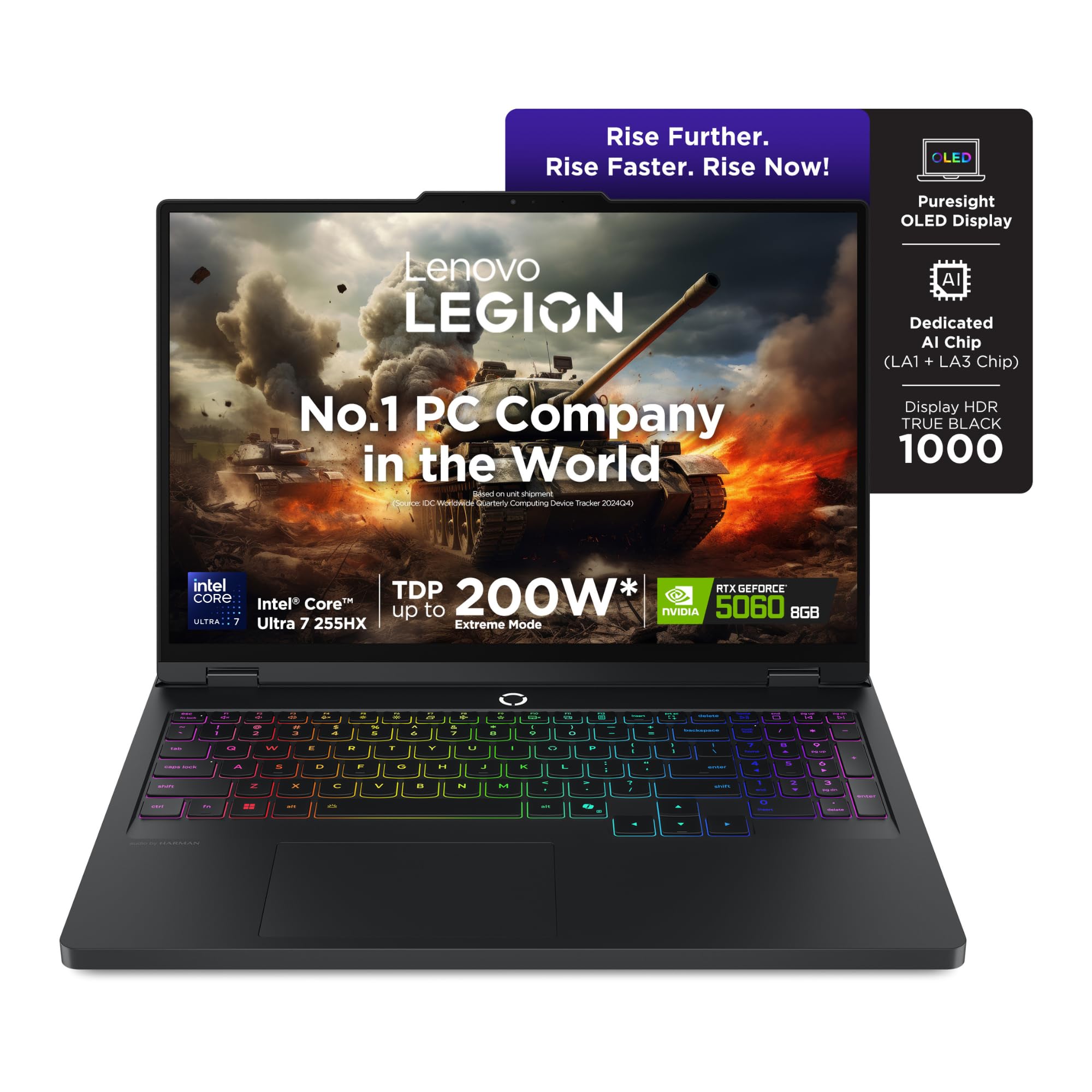Lenovo Legion Pro 5 2025, Intel Core Ultra 7 255HX, RTX 5060-8GB, 32GB RAM, 1TB SSD, WQXGA OLED, 16"/40.6cm, 165Hz, Windows 11, Office 2024+AI Now, Black, 2.4Kg, 83F3007CIN, AI Powered Gaming Laptop