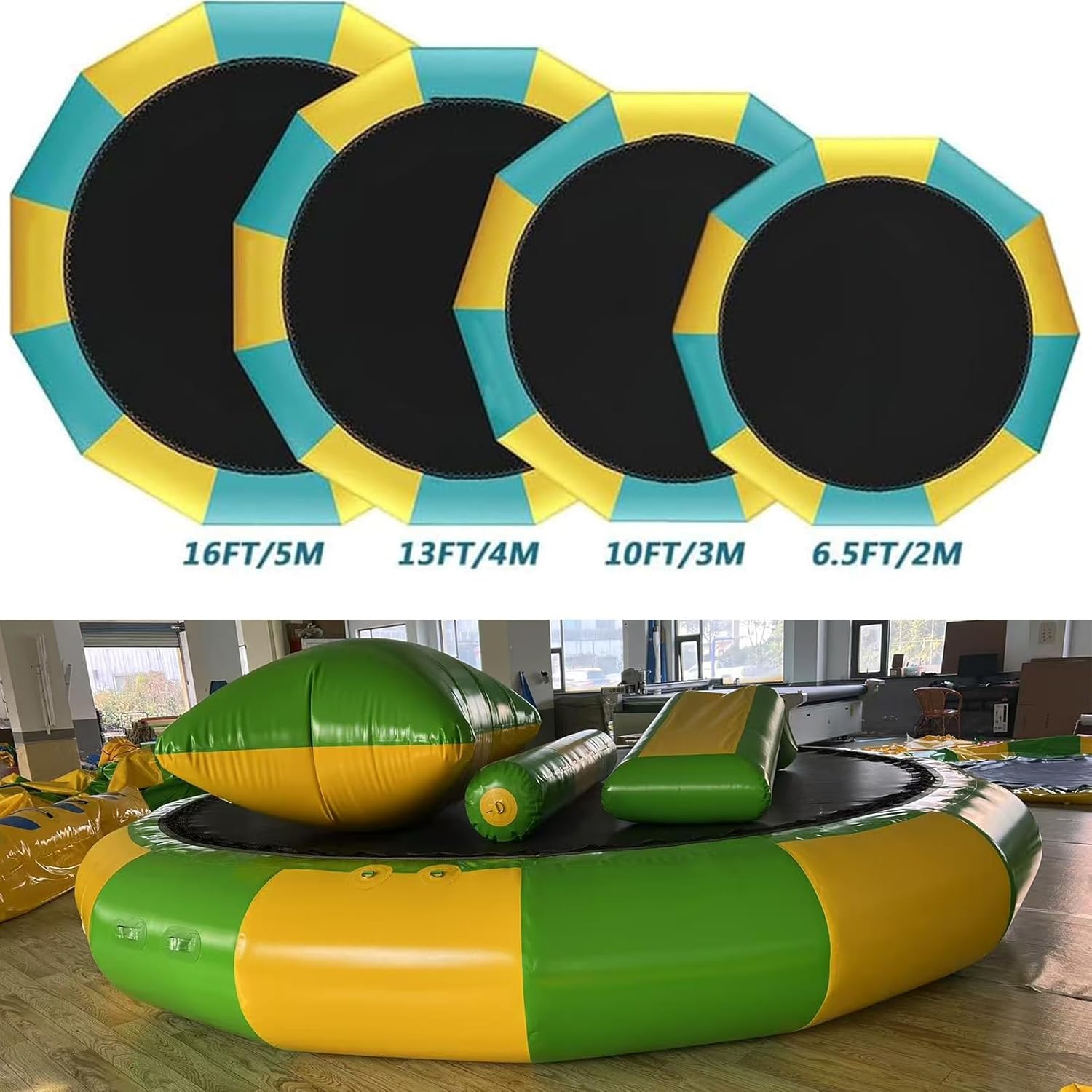 Inflatable Water Lake Trampoline for Pool &10FT 13FT 16FT Inflatable Bounce Swimming Platform with Slide Tube, Diving Pillow Bag & Water Trampoline Park (Green, 16FT)