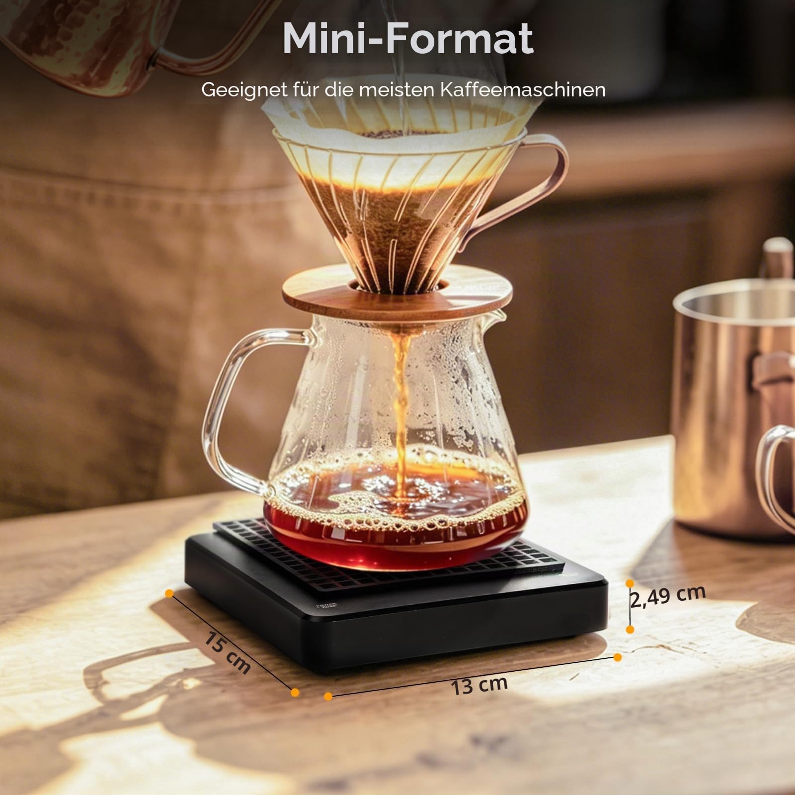 Kaffeewaage mit Timer, Digitale Espressowaage 0,1 g Präzision bis 3 kg, Coffee Scale mit Silikonmatte, USB-C Wiederaufladbar, Mini Barista Waage für Espresso, Pour Over und Küche