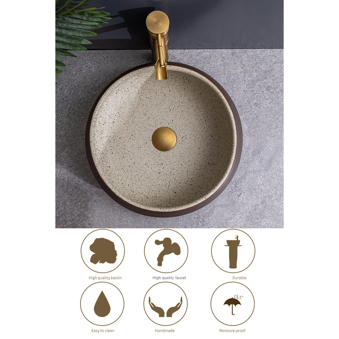 Okrągła Umywalka Nablatowa, Minimalistyczna Porcelanowa Umywalka Łazienkowa Nablatowa, Ceramiczna Umywalka Z Baterią W Kształcie Bambusa, O Teksturze Linii