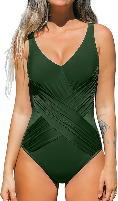 CUPSHE Badpak voor dames, buikcontrole, badmode, diepe nek, gewikkeld, ruches, mesh, verstelbare bandjes, eendelig badpak, Zwart, M