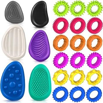 Fidget Toys Adults Sensory Stone 6 Pack Textured Worry Stone & Kids Sensory Rings 18 Pack Fidget Ring for Autism Calming - Quiet Stress Fidgets for Classroom