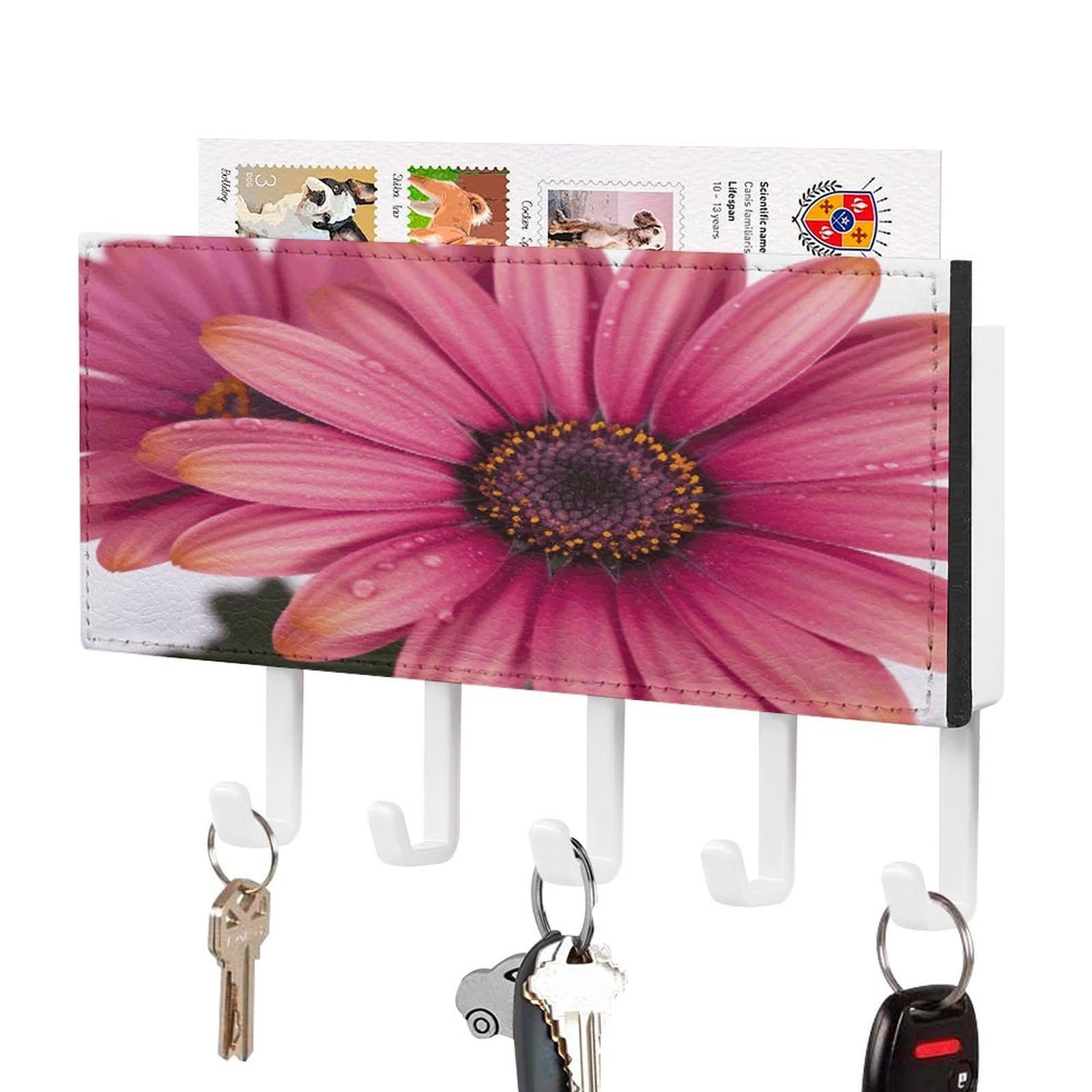 FekiLoot Pink Daisy Flower Key Holder Wall Mount Key Hooks for Wall Decorative with 5 Hooks PU Mail Rack Organizer with Shelf for Entryway Mudroom Hallway Office 7.1X4.3 in