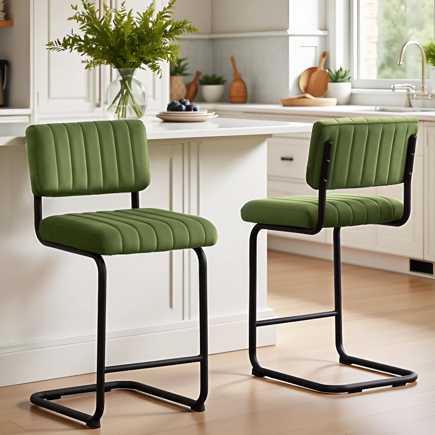 ONEVOG 24 Inch Green Counter Bar Stools Set of 2, Mid-Century Modern Counter Height Cantilever Chairs for Kitchen Island, Upholstered Velvet Fabric Barstools with Back and Metal Leg, Olive Green