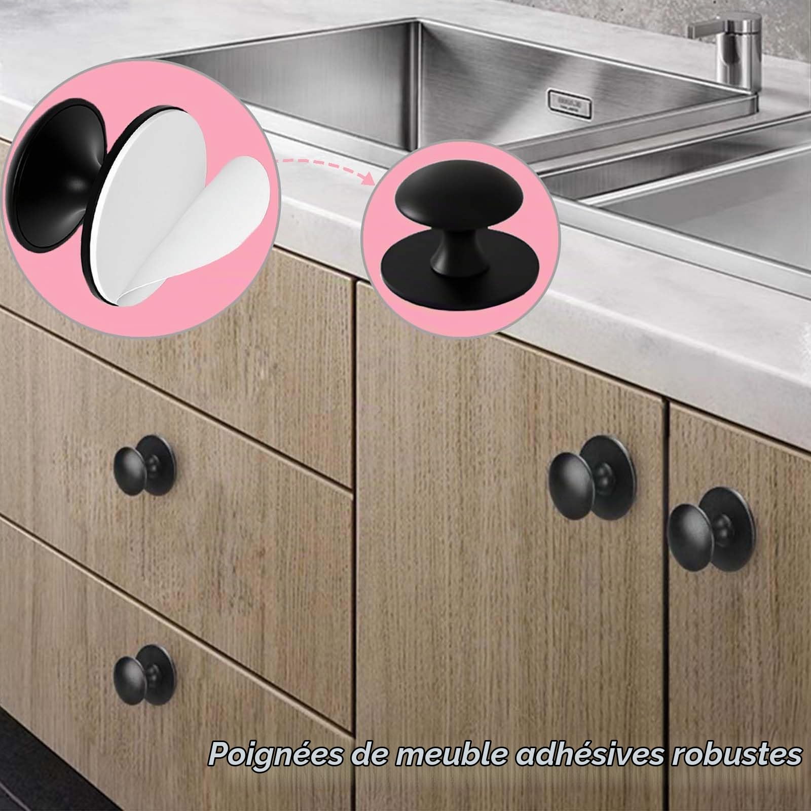 8 Pièces Rond Autocollante Boutons d'Armoire, Noir Poignée de Meuble Poignée pour Tiroir Sans Percage, Rond Bouton de Meubles autocollante Poignet de Tiroir Autocollante