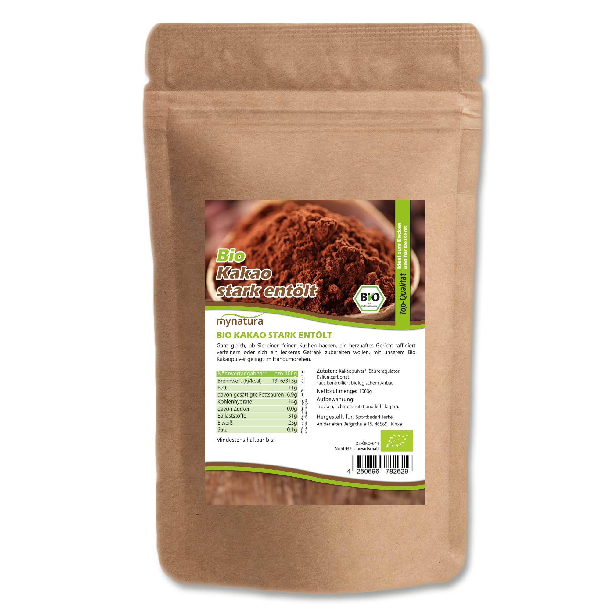 Mynatura Bio Kakao, stark entölt I Kakaopulver I Cacao I entölt I Backen I Getränk I Kochen I Rein pflanzliches Pulver I Vegan I Im Beutel (3x 1000g)