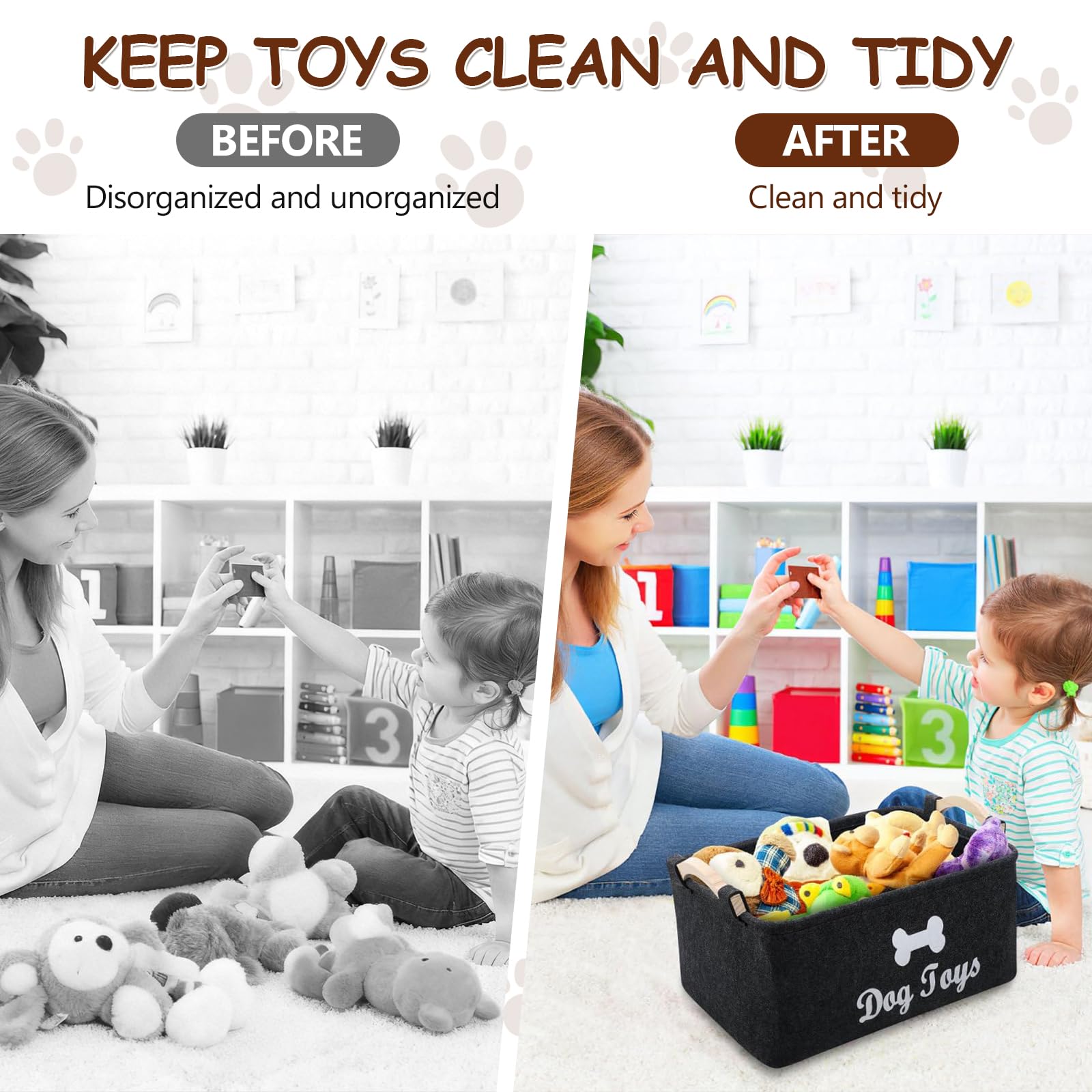Cesta de Fieltro, Caja de Juguetes para Perros con Mango Madera, Cesta de Almacenamiento Juguete para Perros Versátil, Organizar Comida, Juguetes Accesorios Mascotas