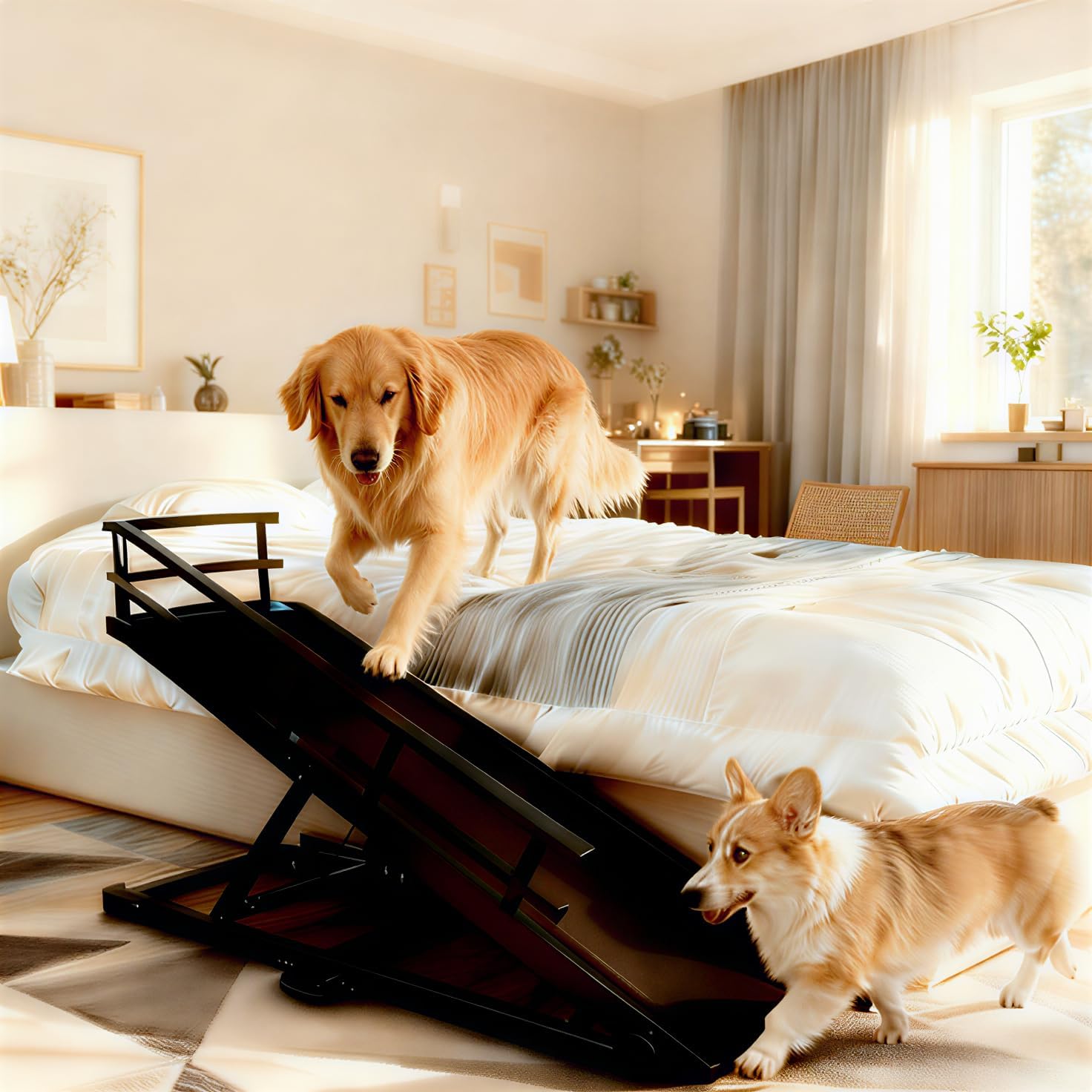 CypherX Dog Ramp for Couch or Bed, 18" W Folding Wooden Pet Ramp with Anti-Slip Rubber Mat & 3 Removable Safety Side Rails, 6 Adjustable Height from 17" to 29" for Small & Large Dogs & Cats