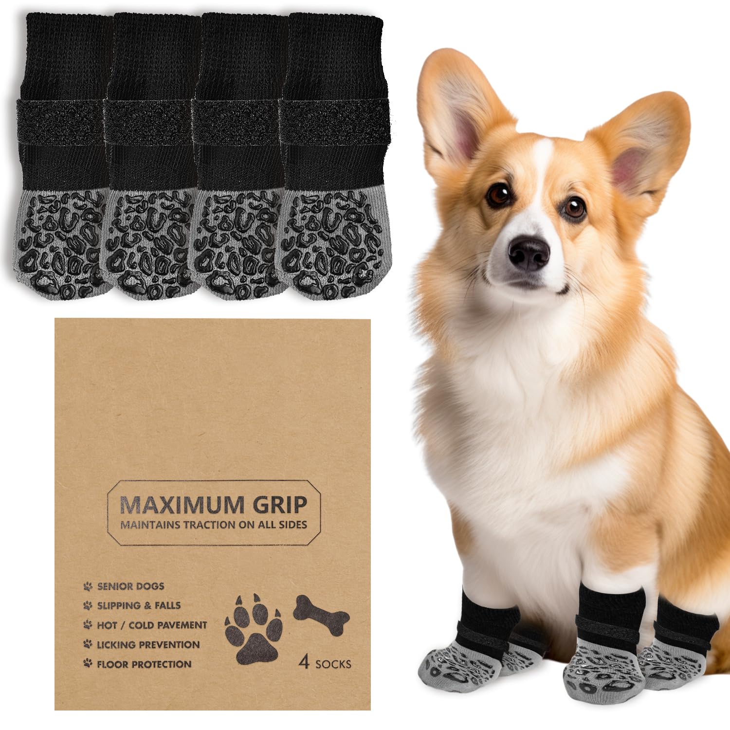 Anti-Slip Dog Socks with Upgraded Glow Straps for Hardwood Floors, Paw Protectors with Extra Grip, Prevent Licking and Slipping, Dog Booties for Medium Large Senior Dogs(Leopard Print-Size M)