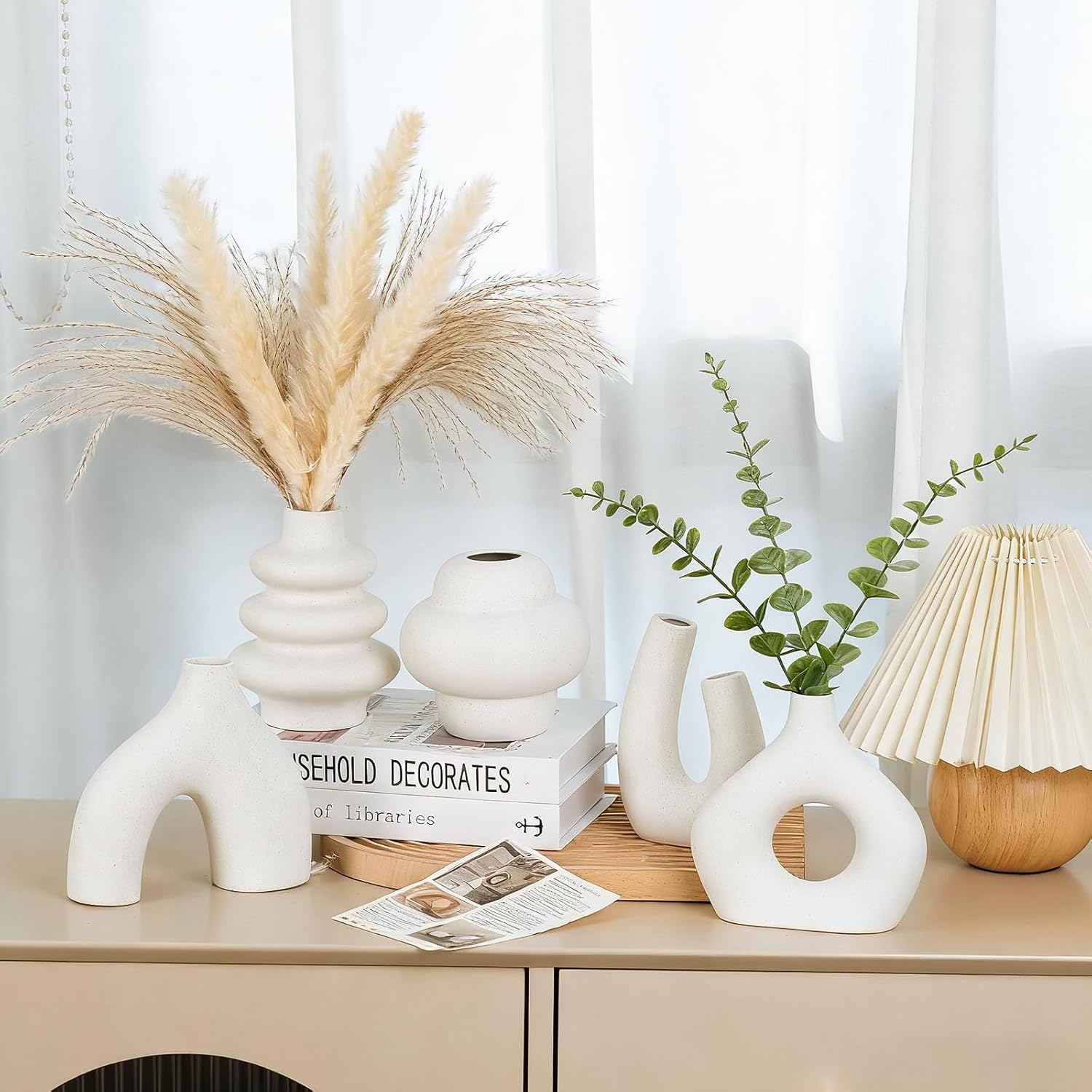 CUCUMI Ceramic Flower Vase Set of 5 Modern Nordic Boho Style Decorative Vases Home Decor, Matte Ceramic Decorations for Living Room Shelf, Bookshelf Mantle Entryway Table or Console Décor