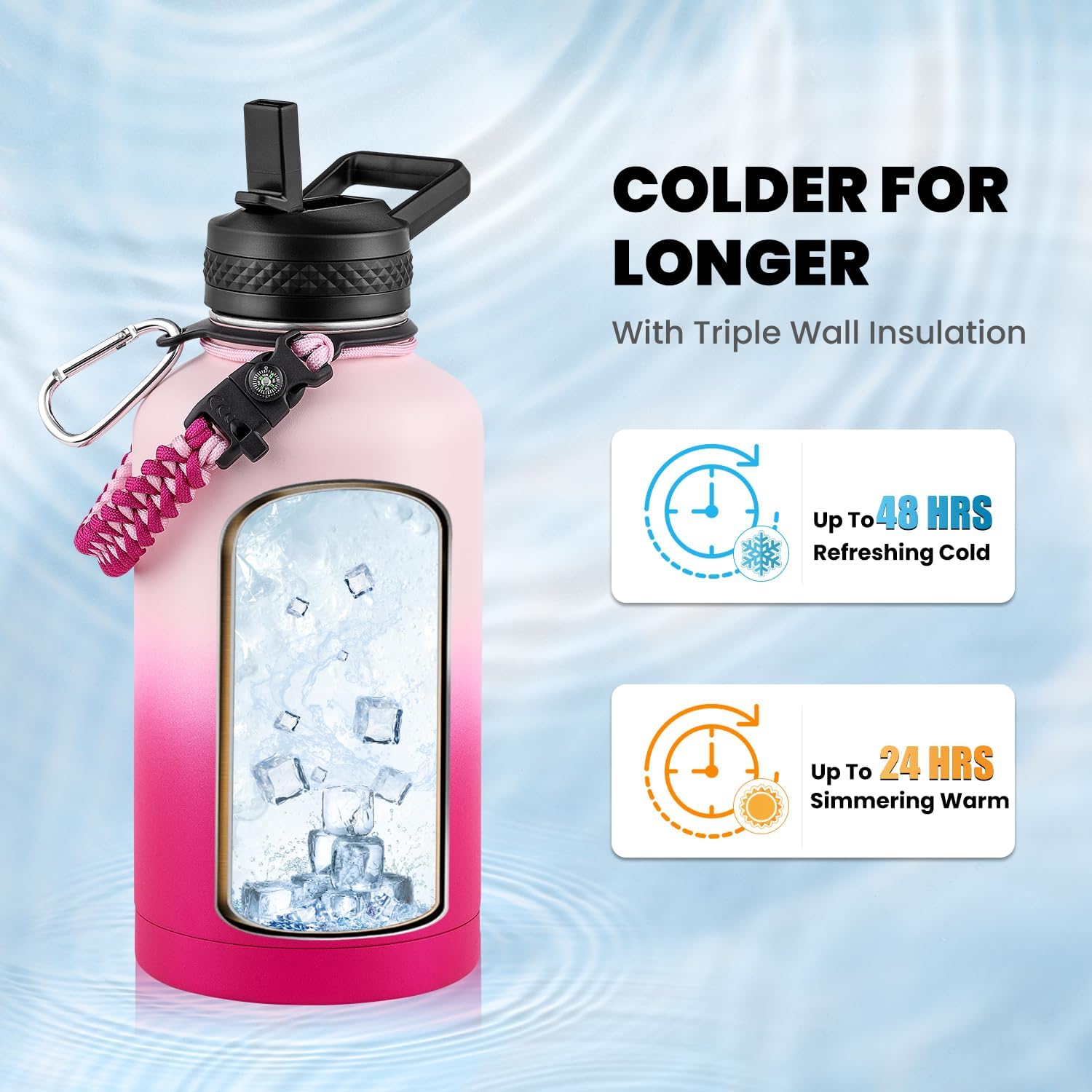 Insulated Water Bottle 64 oz, Triple Wall Vacuum Stainless Steel (Cold for 48 Hrs), Leak Proof & Non-BPA, Half Gallon Water Flask Jug with Paracord Handle & Straw Spout Lids, Ombre Pink - Image 2