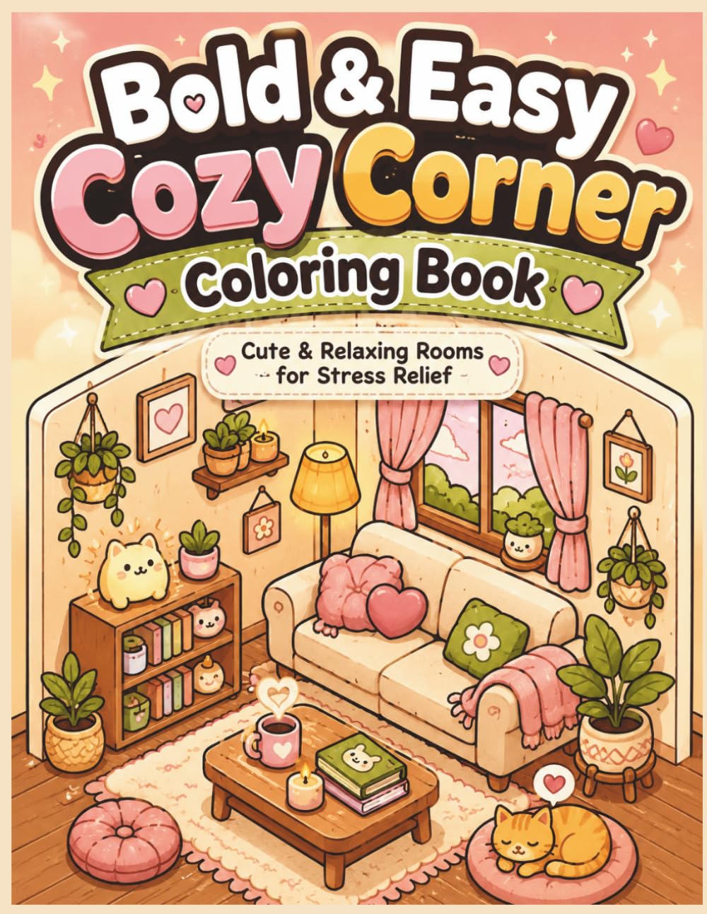 Bold & Easy Cozy Corner Coloring Book for Adults and Teens: Cute Relaxing Rooms, Kawaii Spaces & Stress Relief Coloring Pages: Cute & Relaxing Rooms for Stress Relief