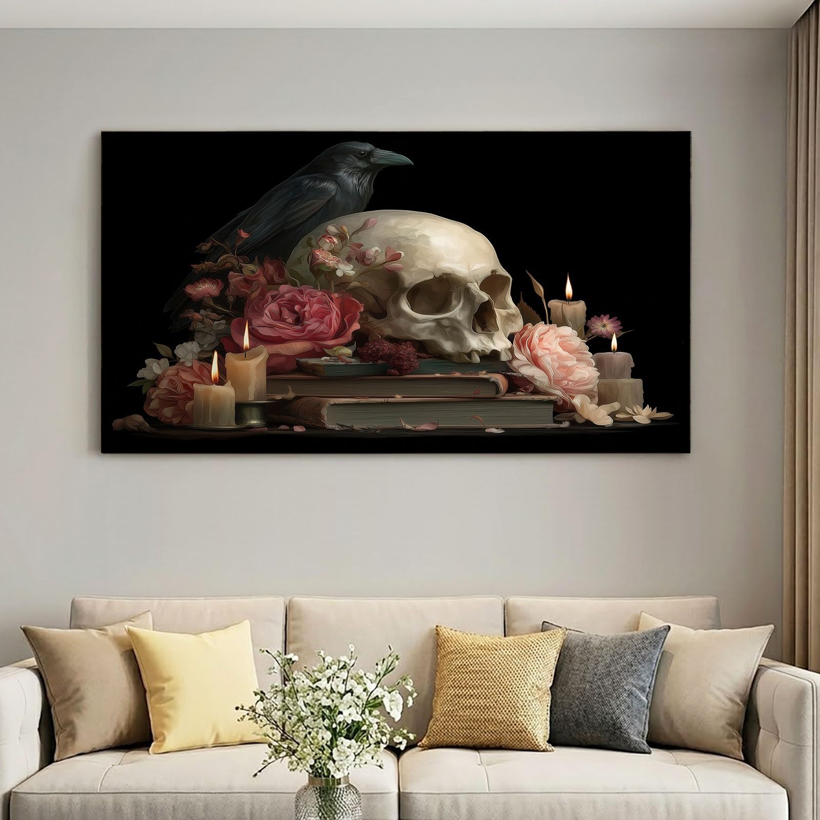 Lienzo gótico de fantasía oscura para pared, 120 x 60 cm, lienzo enmarcado, diseño de rosas florales para baño, dormitorio, sala de estar, paredes, con ganchos y clavos