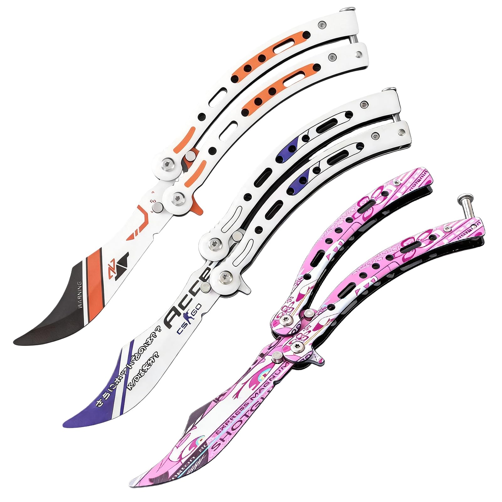 Juego de 3 cuchillos de entrenamiento mariposa acero inoxidable hojas desafiladas balisong legal mango curvo