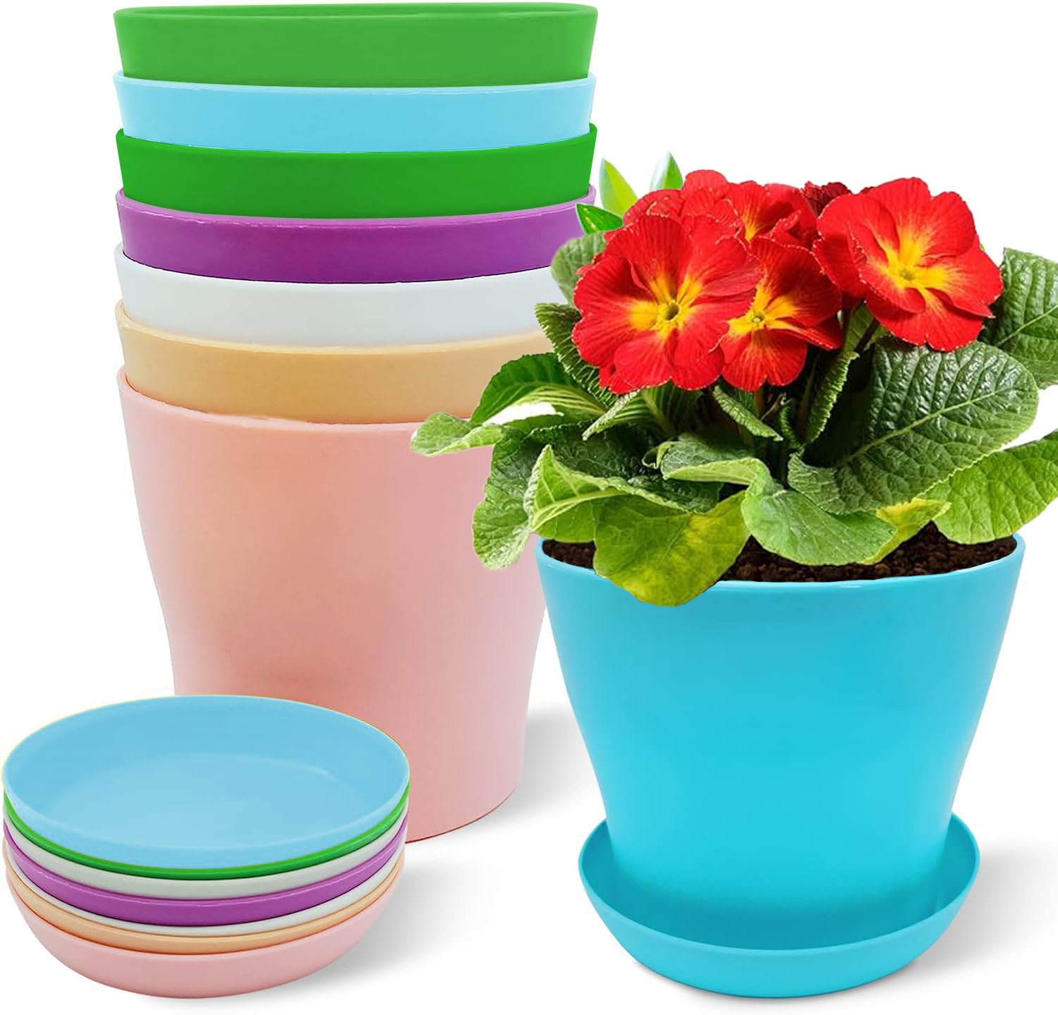 ruitao Garden Pot (Set of 8), Plastic Plant Pot, Flower Pots+ Saucer Tray Deco, Diameter 9.5