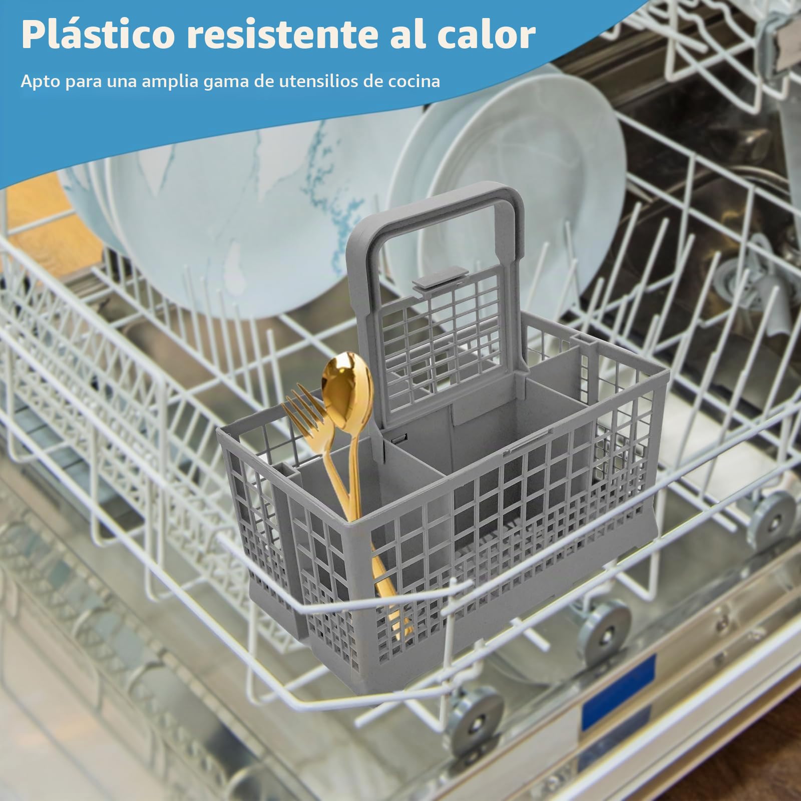 Cesta Porta Cubiertos Lavavajillas, Repuesto Universal con Mango Extraíble, Apto para la Mayoría de Cestas Inferiores Estándar de Lavavajillas, 24 x 13,9 x 12,4 cm