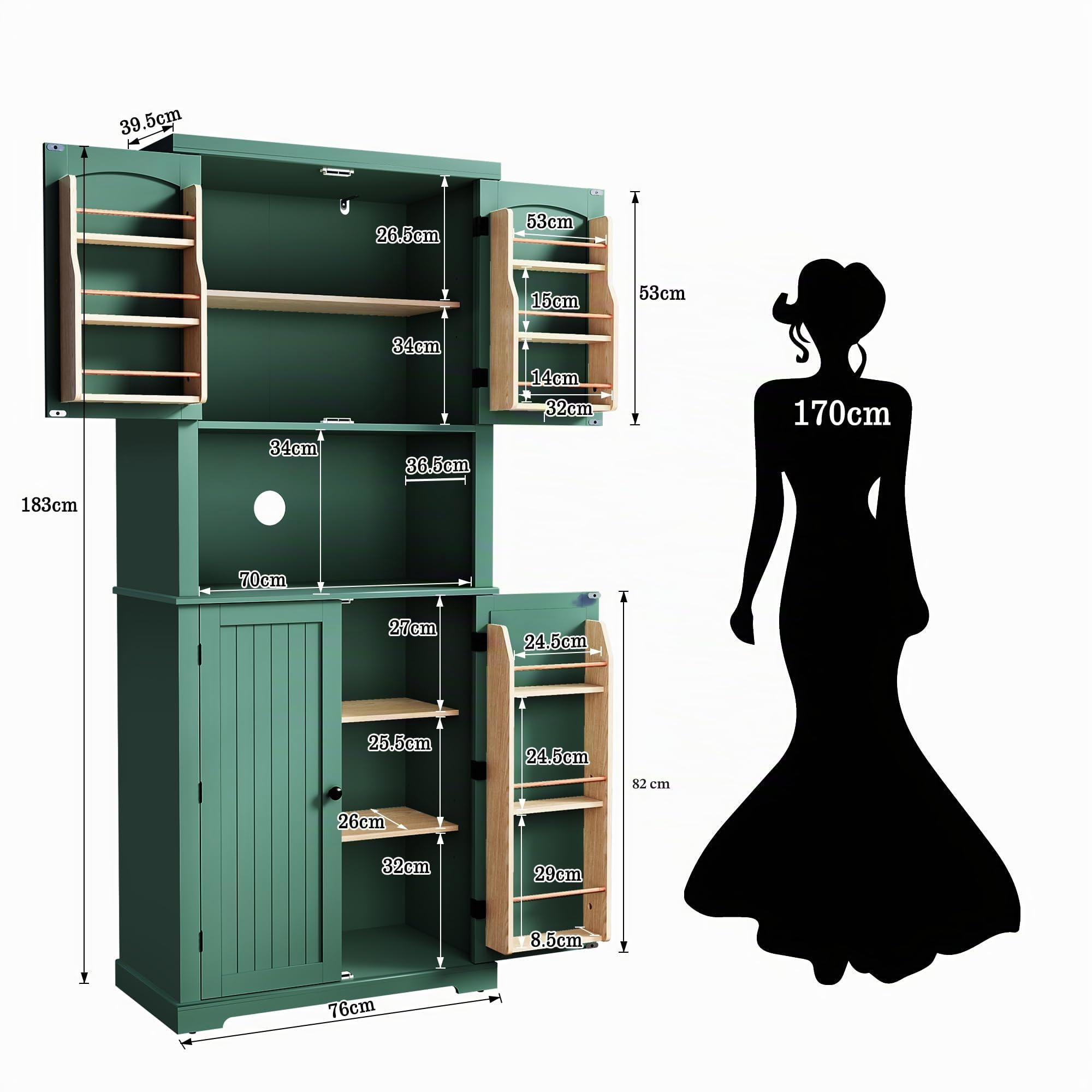 HOLTICO Dispensa da Cucina Alta, Armadietto Multifunzione con Scaffali sulle Ante e Ripiani, Mobile Alto per Alimenti, Credenza Moderna per Soggiorno, Cucina e Lavanderia, Verde Salvia