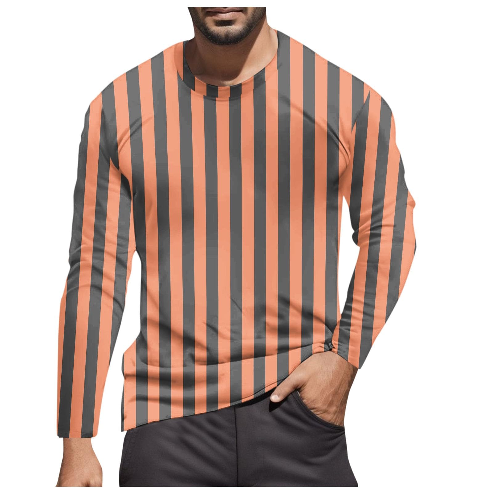 Striped Shirt Men Women Red White Long Sleeve T-Shirt Carnival Long Sleeve T-Shirt Horizontal Stripes Wide Stripes Fine Stripes Crew Neck Leisure Top Striped Shirt Fancy Dress Costumes, Orange-9, 3XL