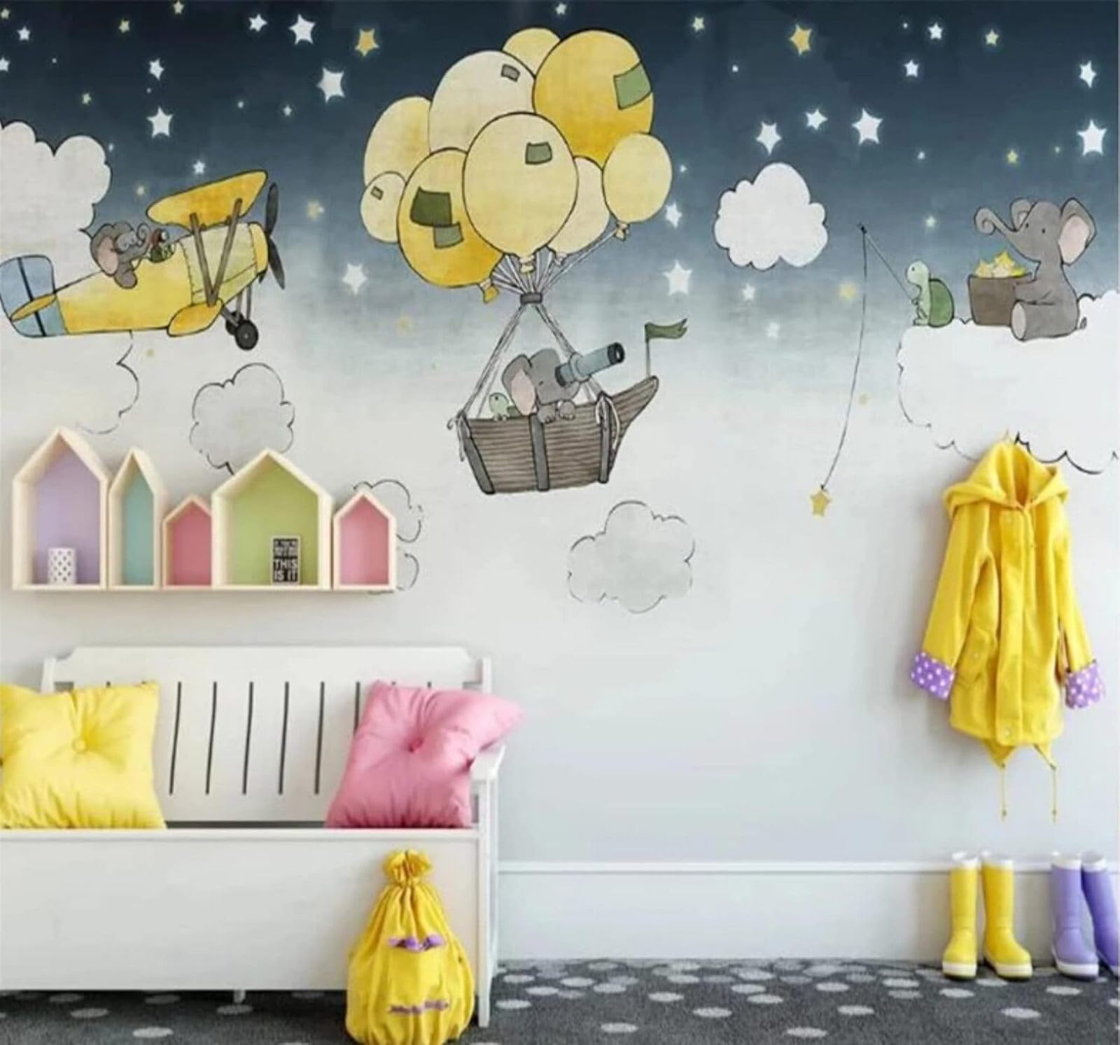 Hand Drawn Sky Elephant Balloons Aeroplane 3D Wallpaper Easy Install Feature Office Living Room Sofa Bedroom TV Background Wall Decoration-250cm×170cm