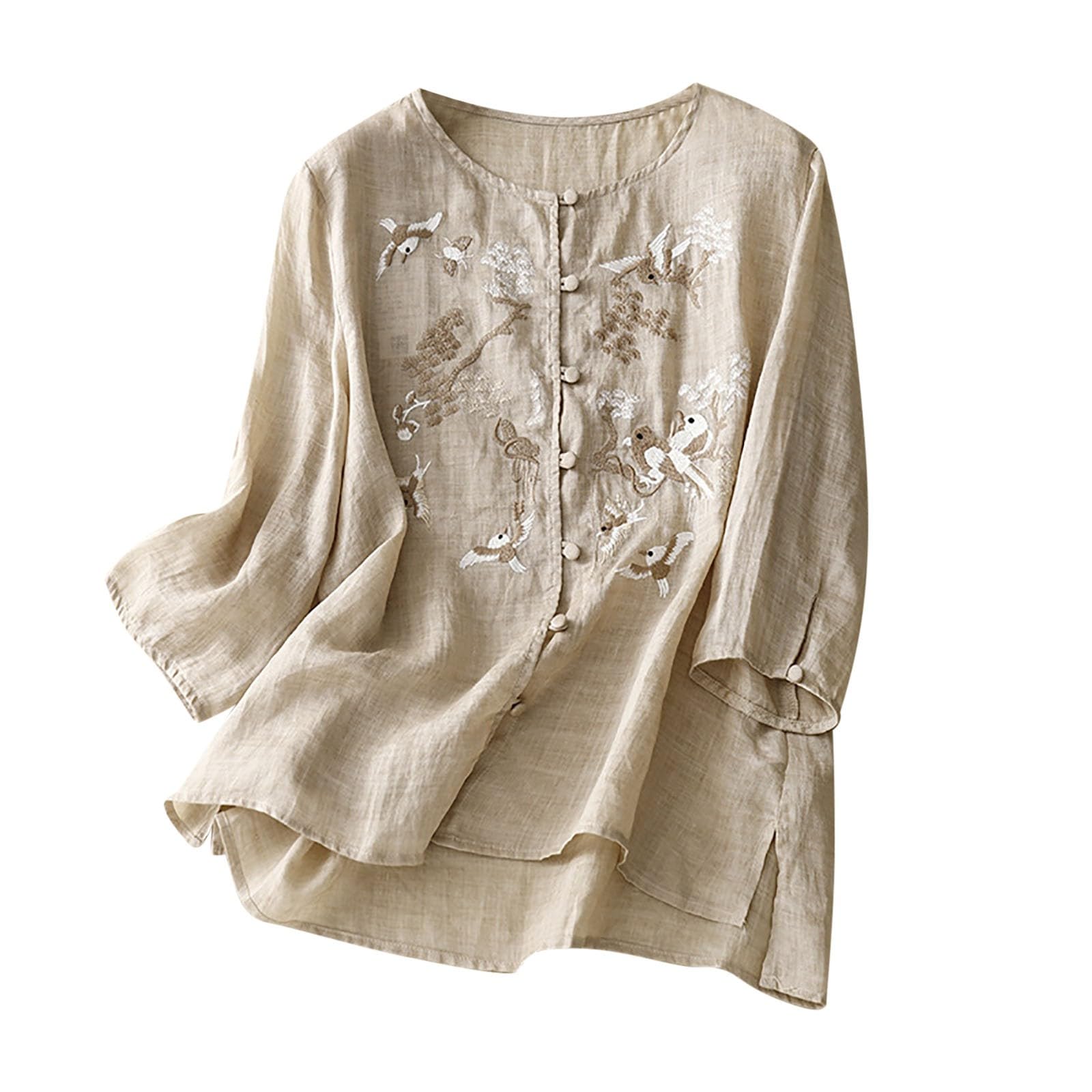 Women Tops Summer Half Sleeve Vintage Embroidery Tshrit Button Up Loose Summer Blouse Cotton Linen Summer Sweatshrit Work Tunic Women's T-Shirts Casual Women's Shirts Clearance Womens Clothing