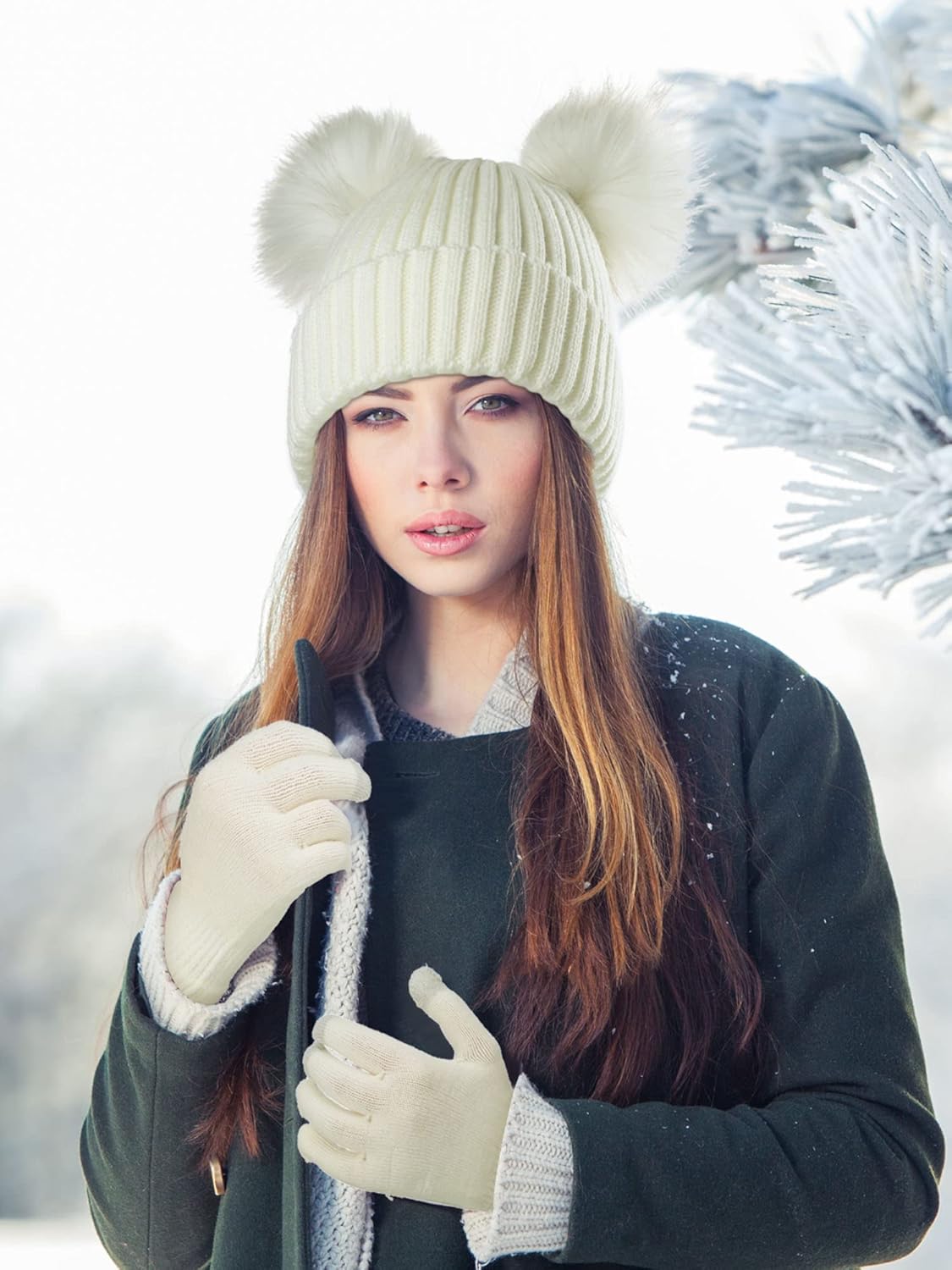 SATINIOR 2 Pieces Womens Winter Beanie Hat Satin Lined Knitted Pompom Beanie Hat Touchscreen Gloves Soft Warm Set for Women(Grey White) - Image 5