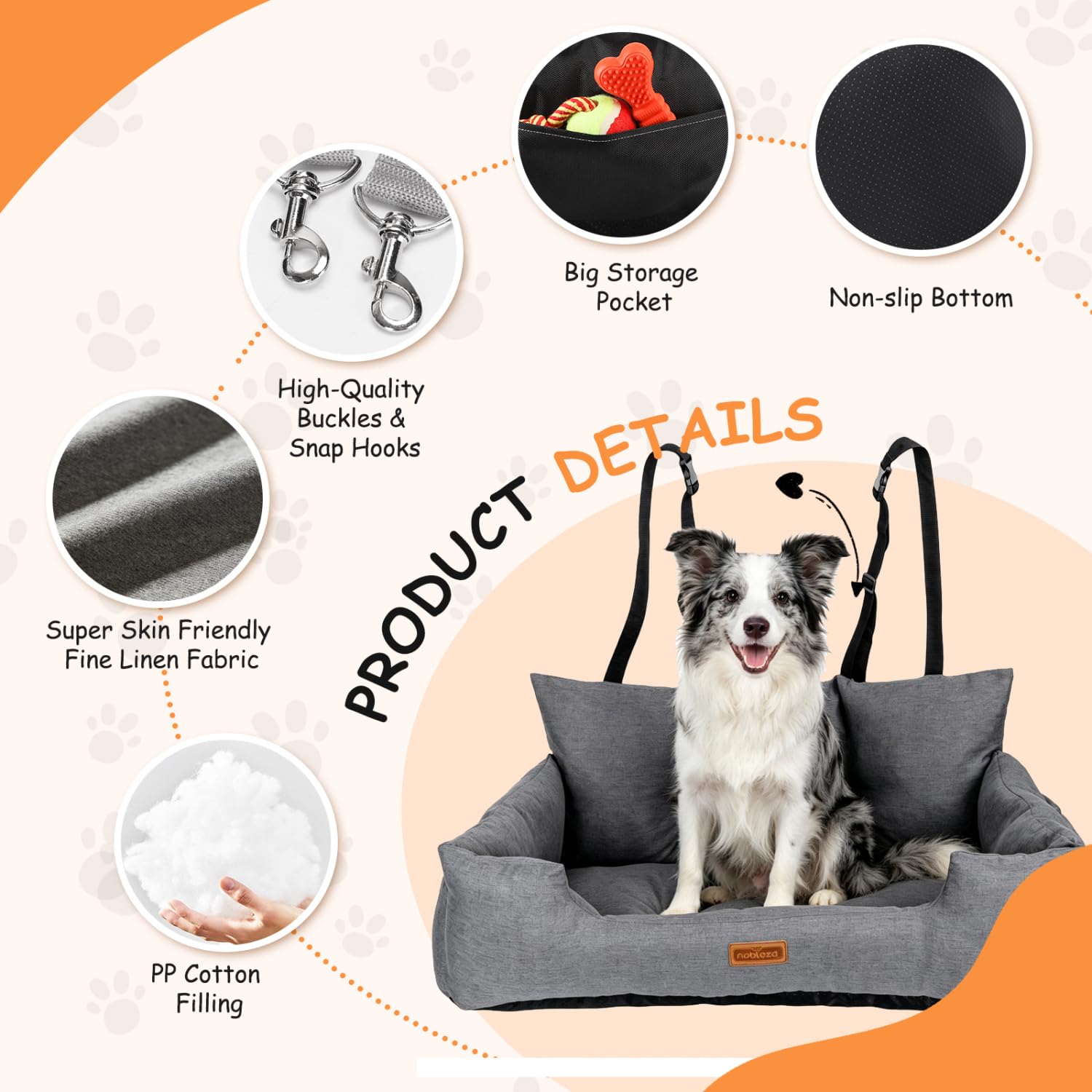 Nobleza Asiento de Coche para Perros Medianos a Grandes, Cinturón de Seguridad Estable,Bolsillos de Almacenamiento, Adecuado para Perros Medianos y Grandes, L92*W50*H40cm, Gris