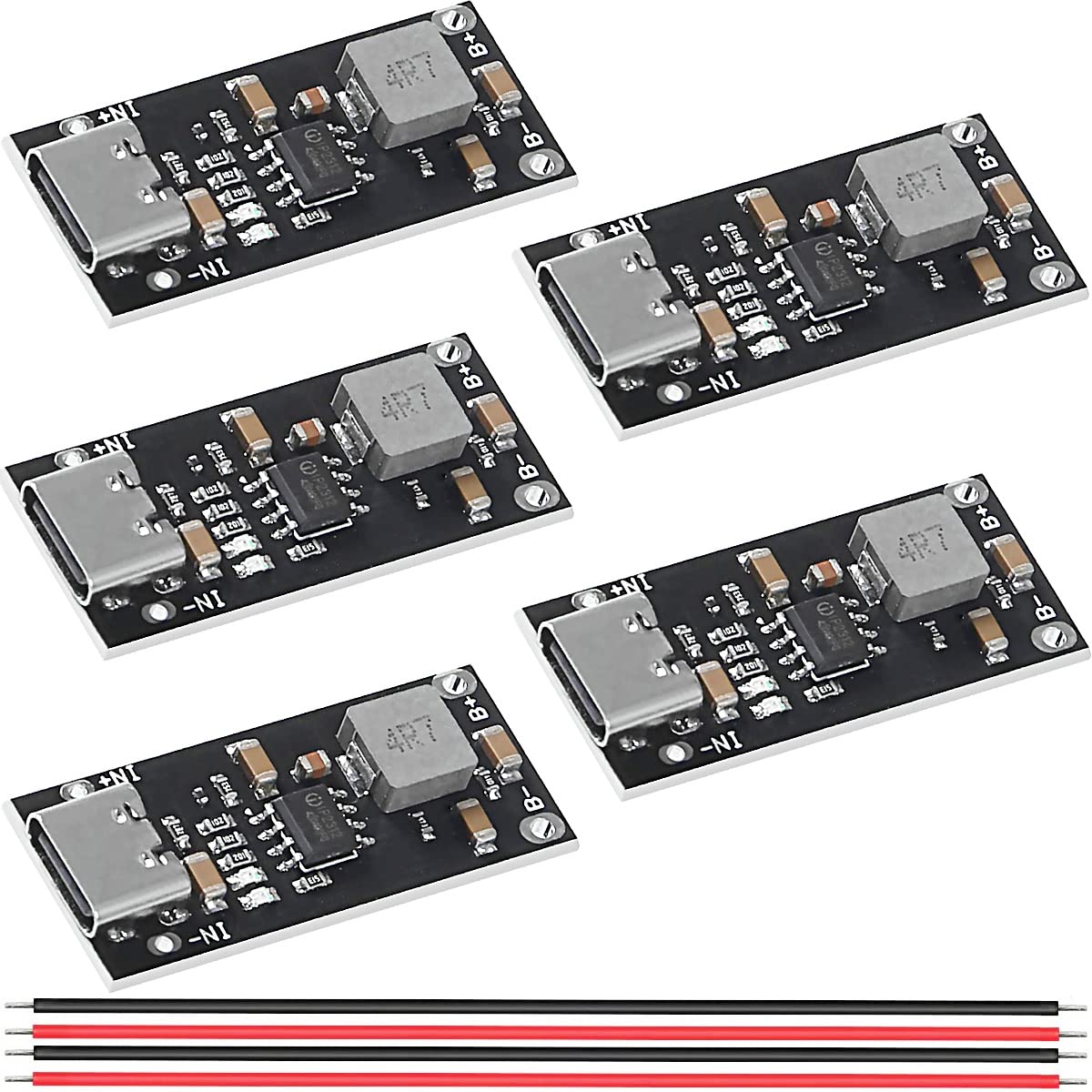 5 pcs Lithium battery charging board 3A Polymer Ternary Lithium Battery Quick Fast Charging Board Type-C USB Input High Current IP2312 CC/CV Mode 5V To 4.2V with 26AWG Red and black cable