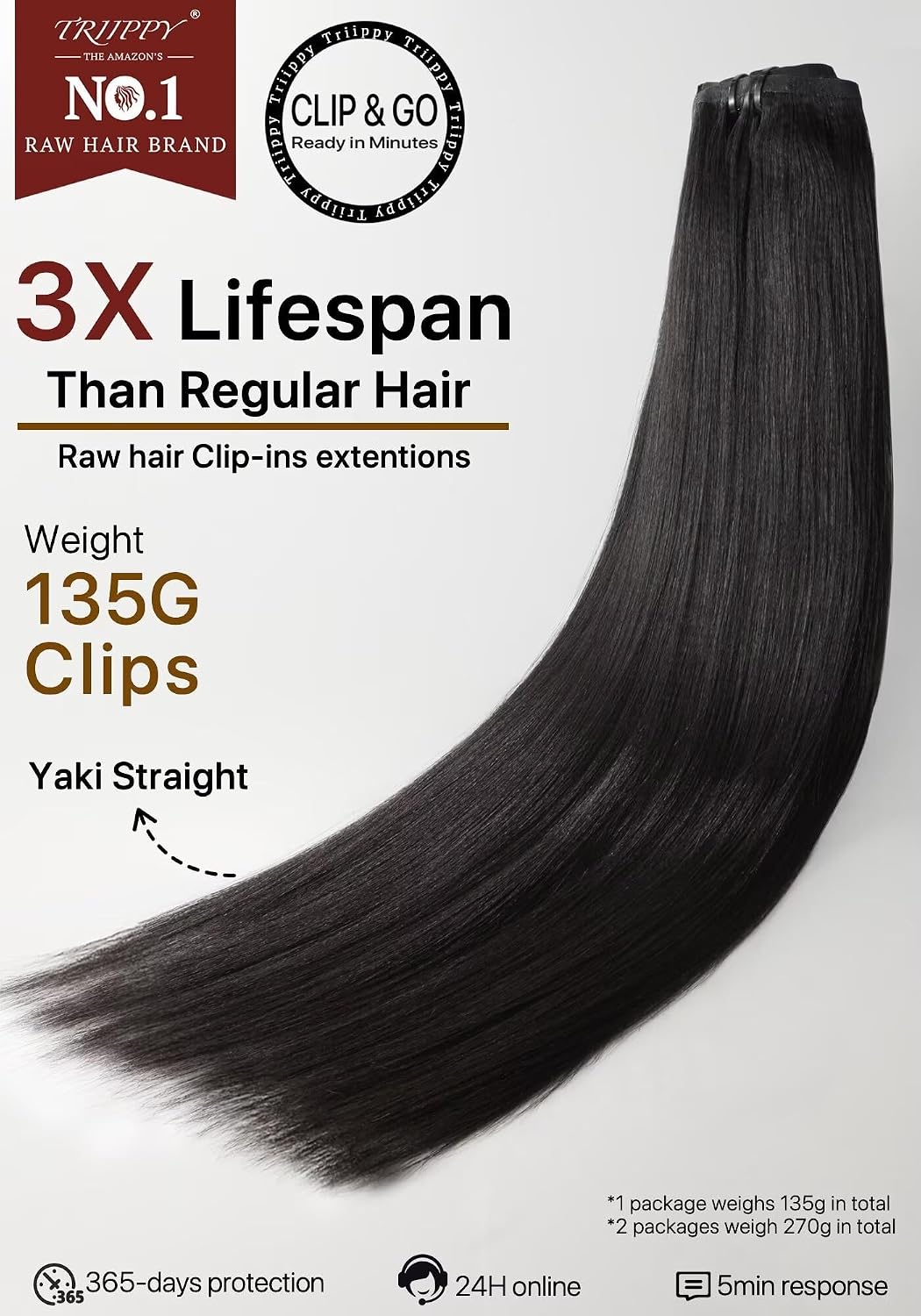 TRIIPPY Clip in Hair Extensions,135g 9pcs seamless Yaki Straight Hair Extension Clip Ins,100% Real Raw Cambodian Human Hair,Triple The Lifespan Over Regular Virgin Hair(14 Inch,Natural Color)