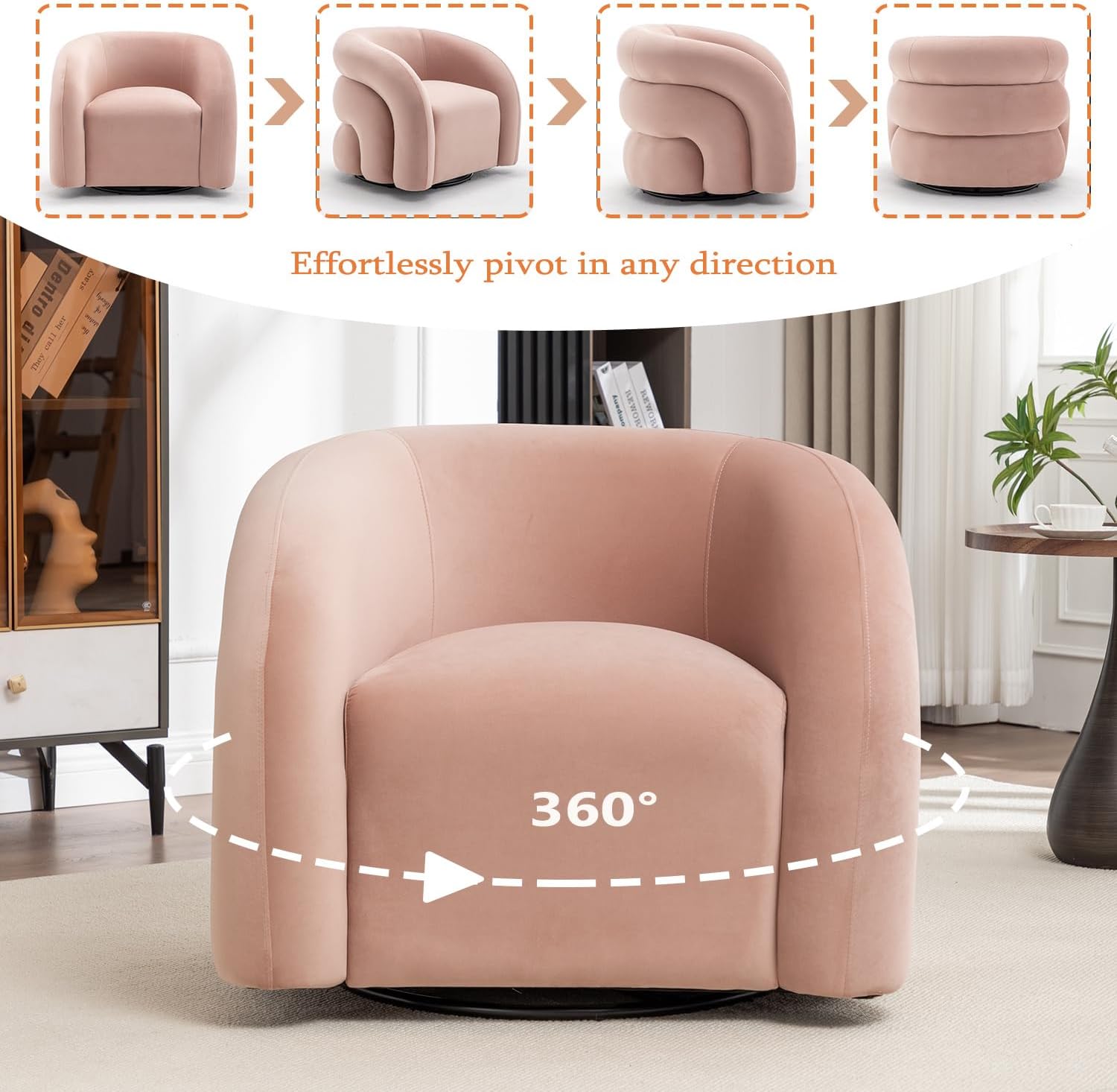 Velvet Swivel Accent Chair for Living Room - Modern Round Armchair,360° Swivel, No Assembly Required, Comfortable Plush Upholstered Barrel Chair for Bedroom Reading Apartment(Pink)