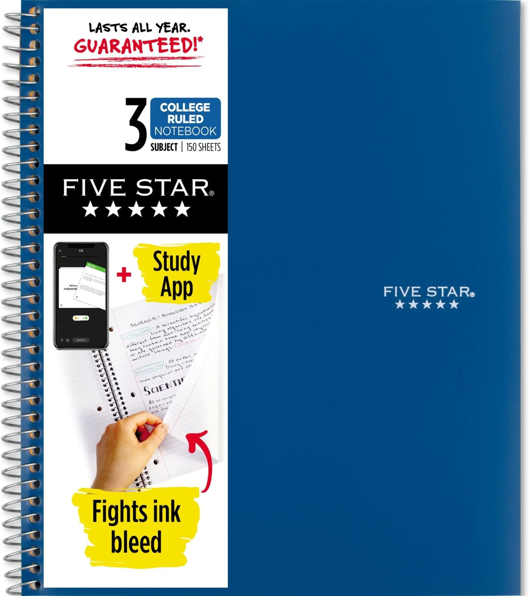 Five Star Spiral Notebook + Study App, 3 Subject, College Ruled Paper, 8.5" x 11", 150 Sheets, Blue (Color May Vary) (820004NH0)