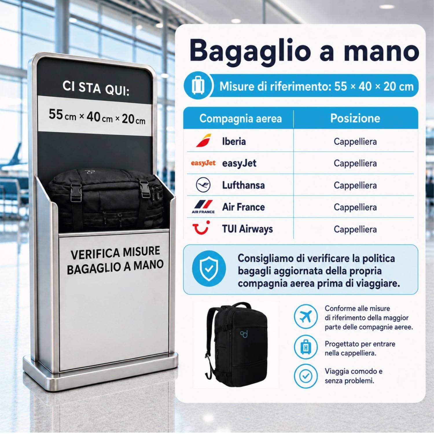OcioDual Zaino da Viaggio Cabina Grande 55x40x20 cm, Bagaglio a Mano Espandibile fino a 55x40x25 cm, Zaino Valigia da Cabina per Uomo e Donna, Porta PC Laptop 17 Pollici