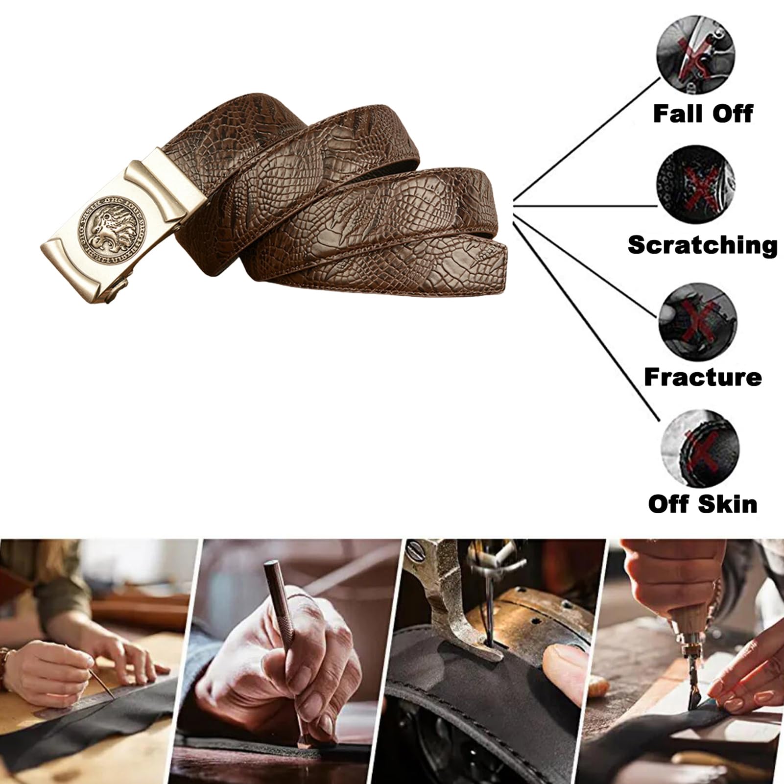 Cinturón De Trinquete Piel Con Relieve Cocodrilo Y Hebilla Automática Tallada En León, Diseño Deslizante Ajustable, 120 Cm For Cintura 41 Pulgadas, Negro