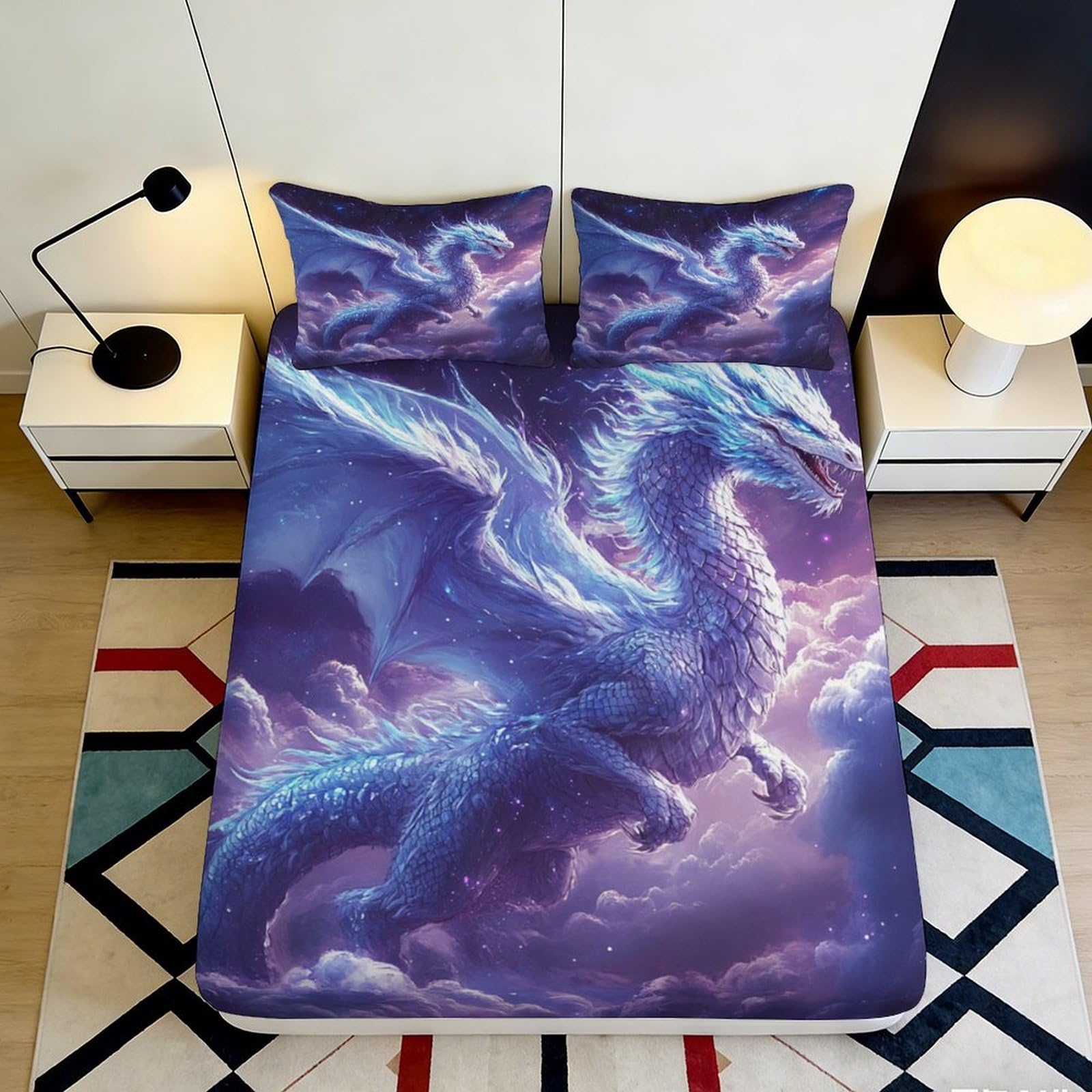 3D Printed dragon motif Fitted Sheet, soft touch Microfiber, wrinkle resistant, bedroom decor, guest room bedding, easy to clean, mattress protection 90x200x25cm