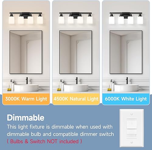 Miniatura 6 de Lámpara de tocador de baño de 4 luces, moderna lámpara de baño negra mate con vidrio esmerilado cuadrado, apliques de pared sobre espejo de baño,