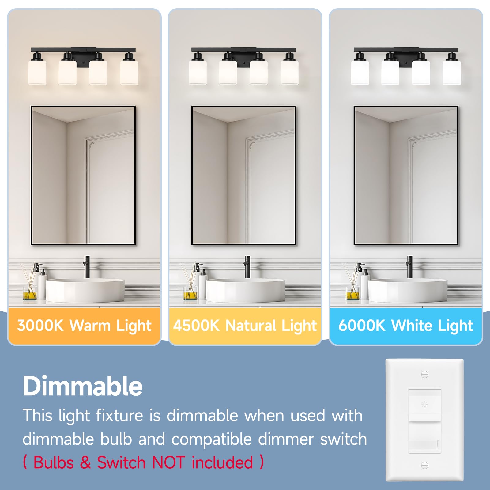 4-Light Bathroom Vanity Light Modern Matte Black Bathroom Light Fixtures with Square Frosted Glass Wall Sconces fixtures Over — view 6