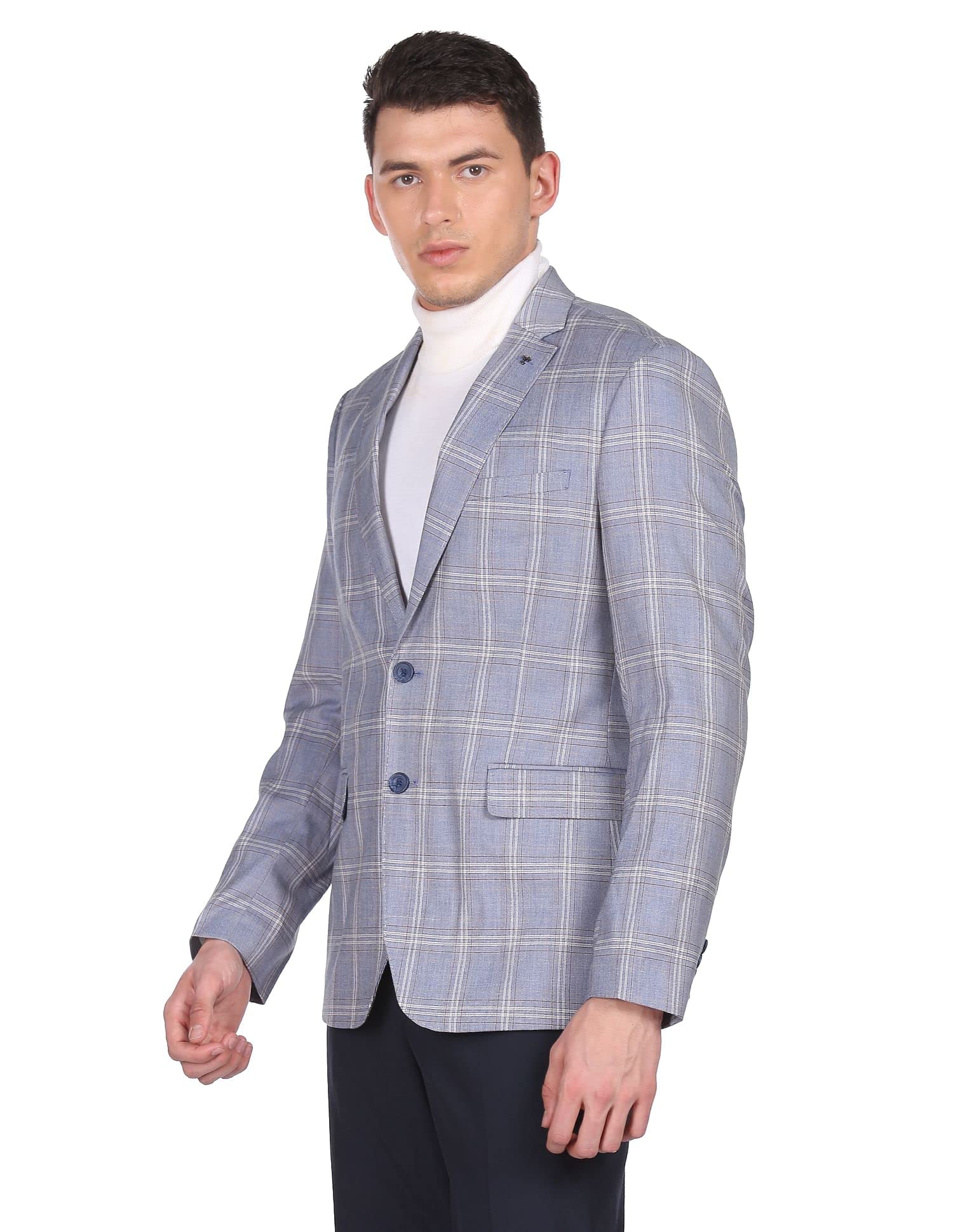 arrow Men Light Blue Notch Lapel Collar Check Formal Blazer-picture-11