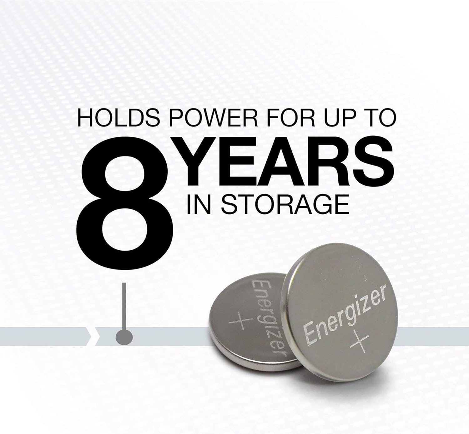 Eveready CR2025 batteries with text 'HOLDS POWER FOR UP TO 8 YEARS IN STORAGE'