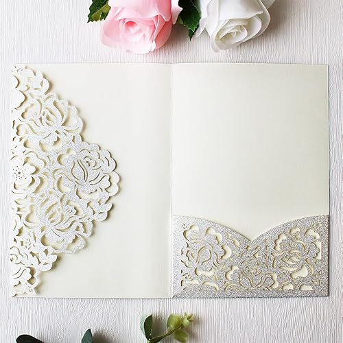 Miniatura 5 de Kit de invitación de quinceañera de 50 piezas personalizadas de color plateado cortado con láser de 5 x 7.3 pulgadas, tarjetas de invitación de