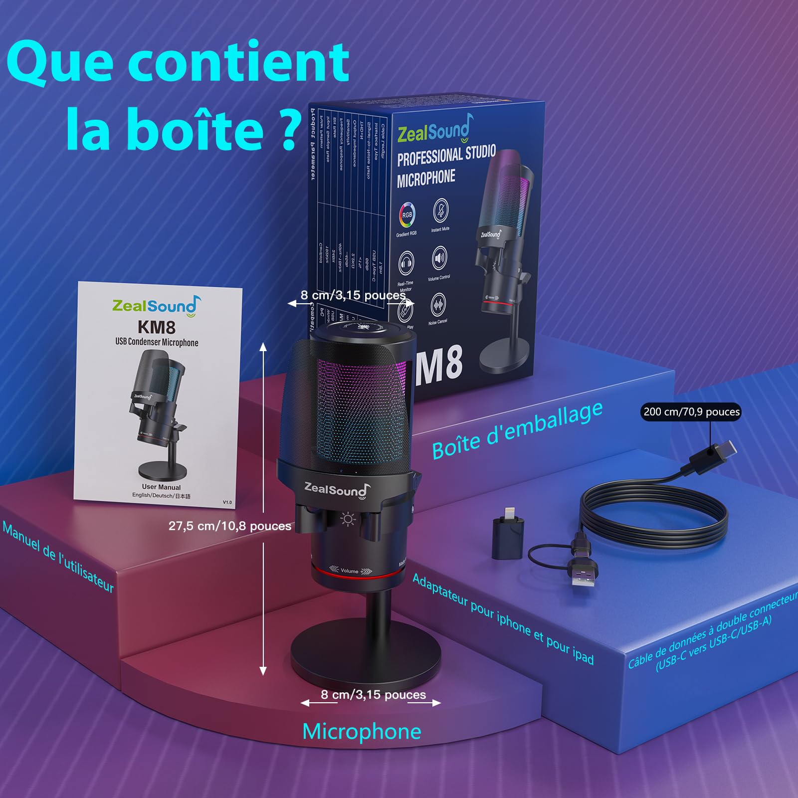 zealsound USB Gaming Microphone,Microphone condensateur à réduction de Bruit pour iPhone/iPad/PC/Mac,avec RGB,Touch Mute,Gain,Prise de contrôle,pour Streaming,Podcast,Youtube,Discord,PS4/5,Gamer Wave
