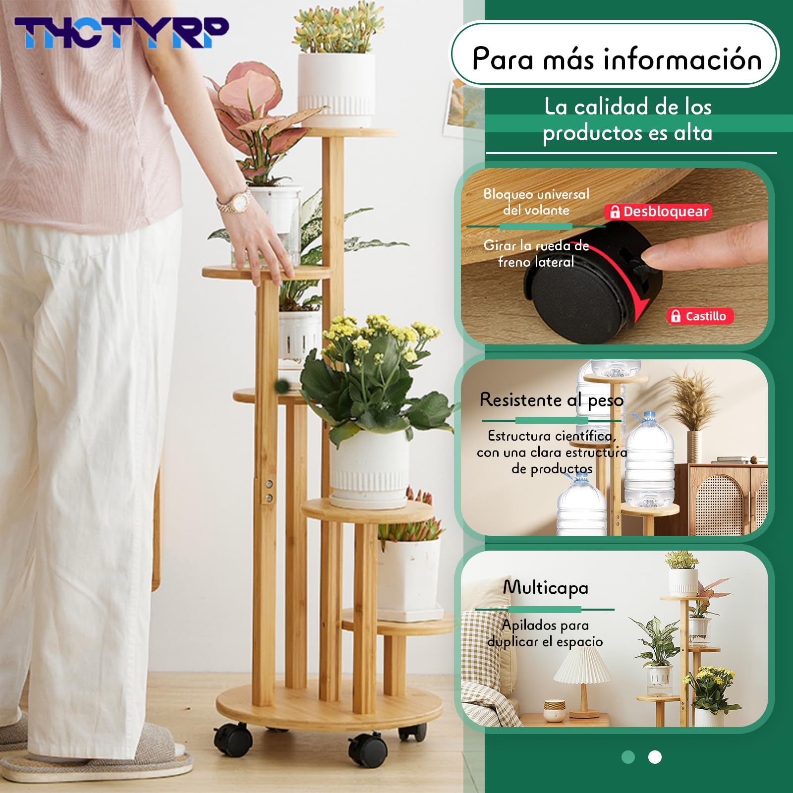 Soporte de flores de bambú alto y bajo, soporte para flores de disco, soporte para macetas de pothos con ruedas para balcón de sala de estar, soporte de flores de interior