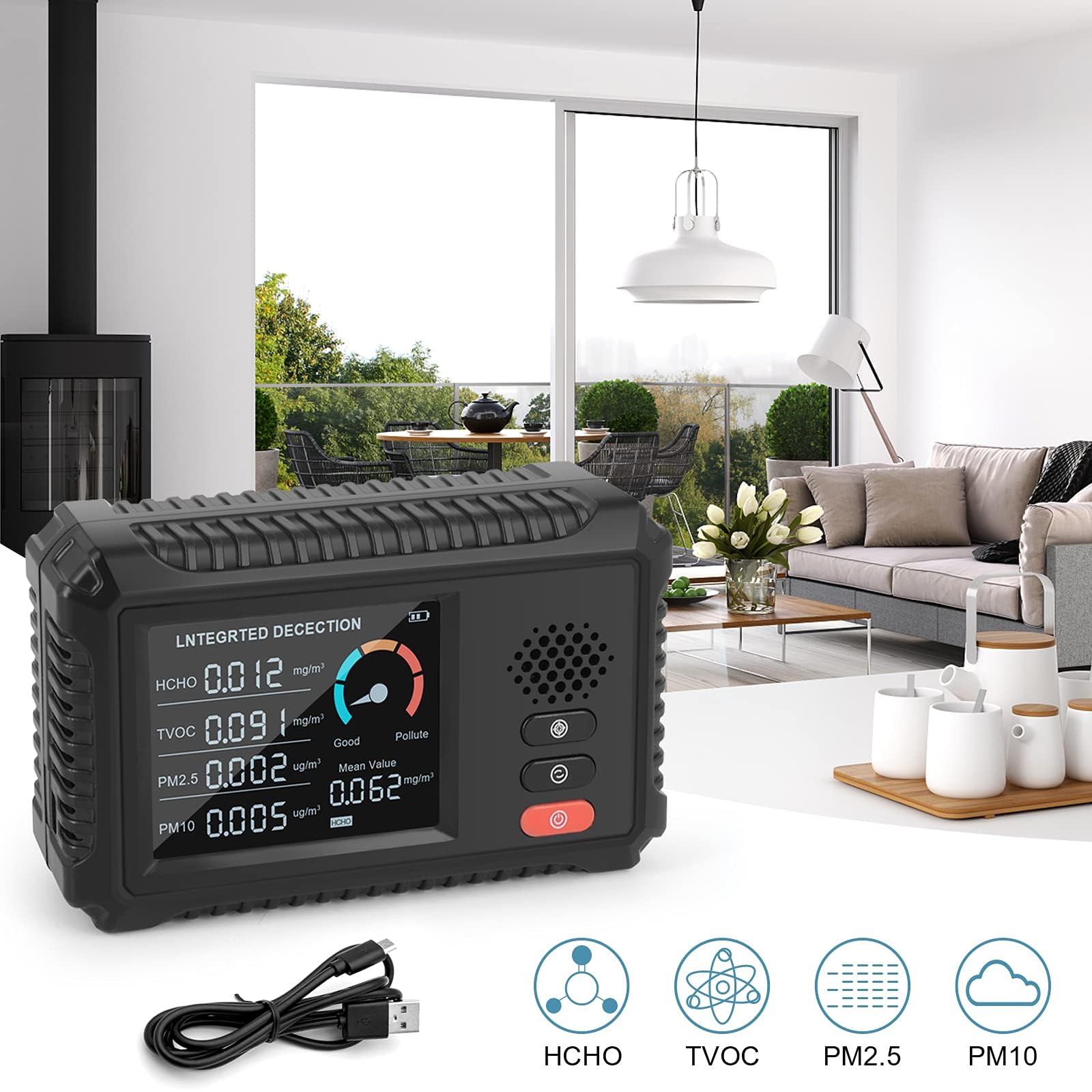 Appareil numérique de Mesure de la qualité de l'air, TVOC et HCHO, détecteur Particules Fines (PM1.0, PM2.5 et PM10), Affichage LED, Moniteur Portable de détection de la Pollution dans l'air