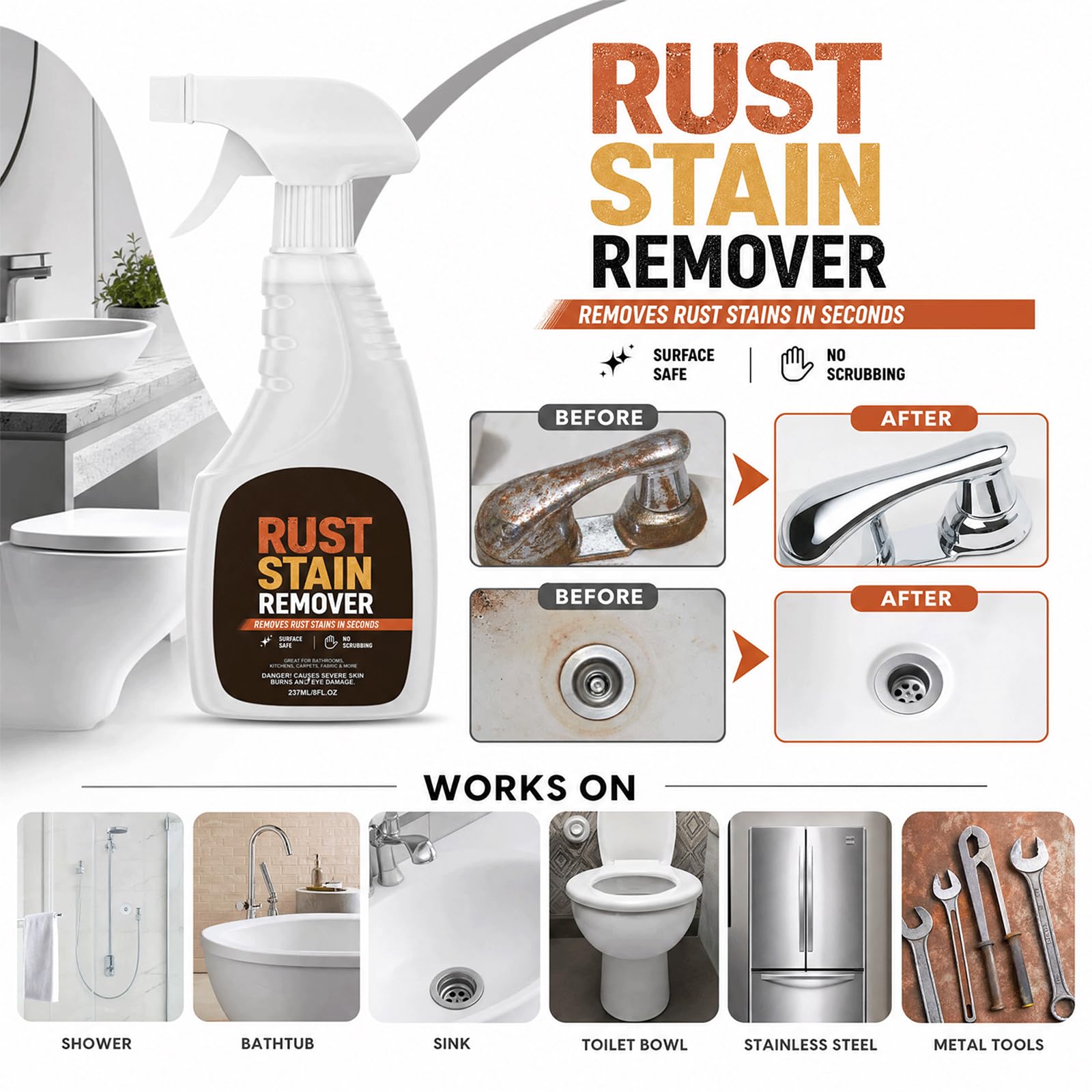 Rostentfernerspray für Metall und Edelstahl - Hartwasserfleckenentfernerspray für Bad und Glas, präzise Wasserflecken.- Multi-Surface Rostreiniger und Poliersprays aus Edelstahl (3 STÜCKE)
